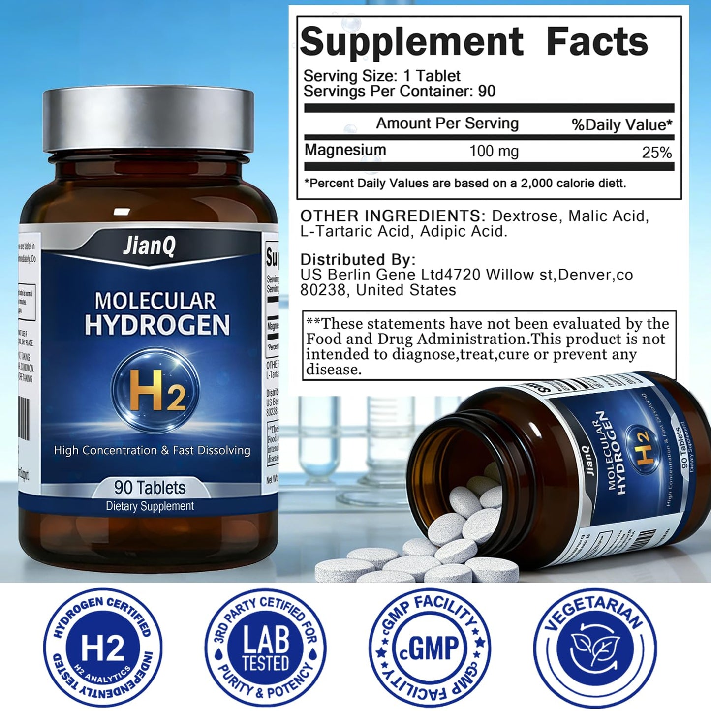 JianQ Hydrogen Water Tablets with Magnesium, 90 Capsules