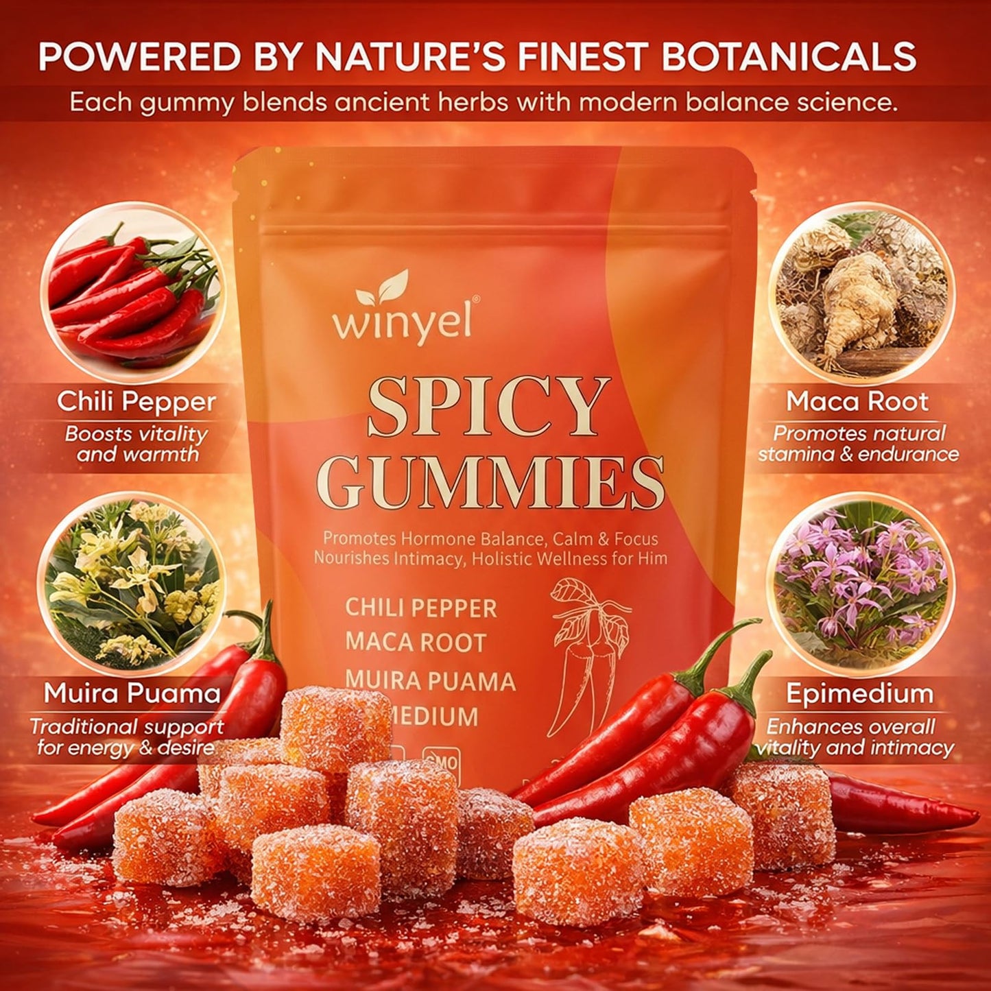 WINYEL Spicy Gummies Cubes Hot Peach Flavor - Chili Pepper, Maca Root & Muira Puama Herbal Supplement for Energy, Mood & Vitality - Romantic Mood Enhancer for Couples, 30 Gummies