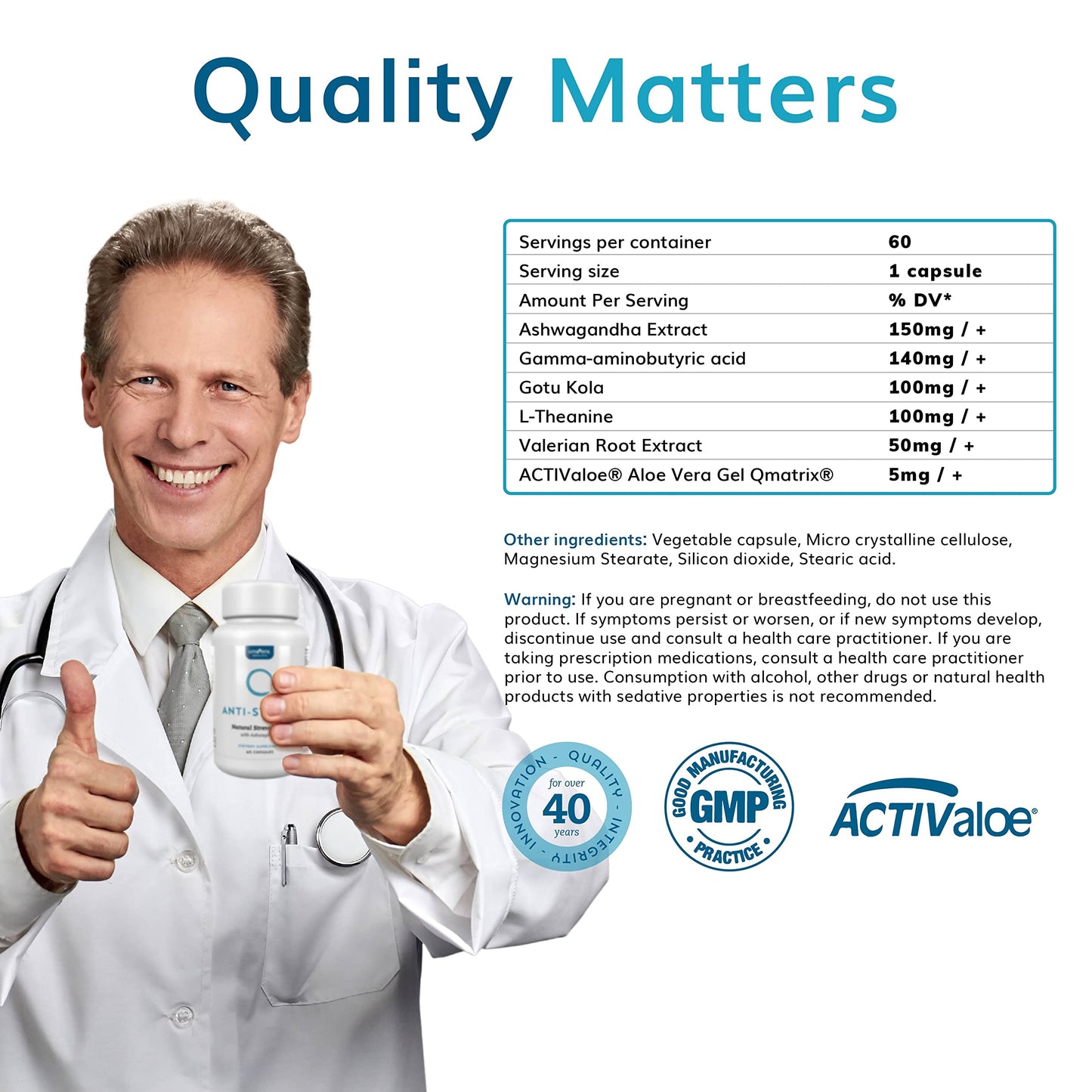 Univera Anti Stress Supplement with Ashwagandha, Gotu Kola, GABA & L-Theanine, 60 Capsules