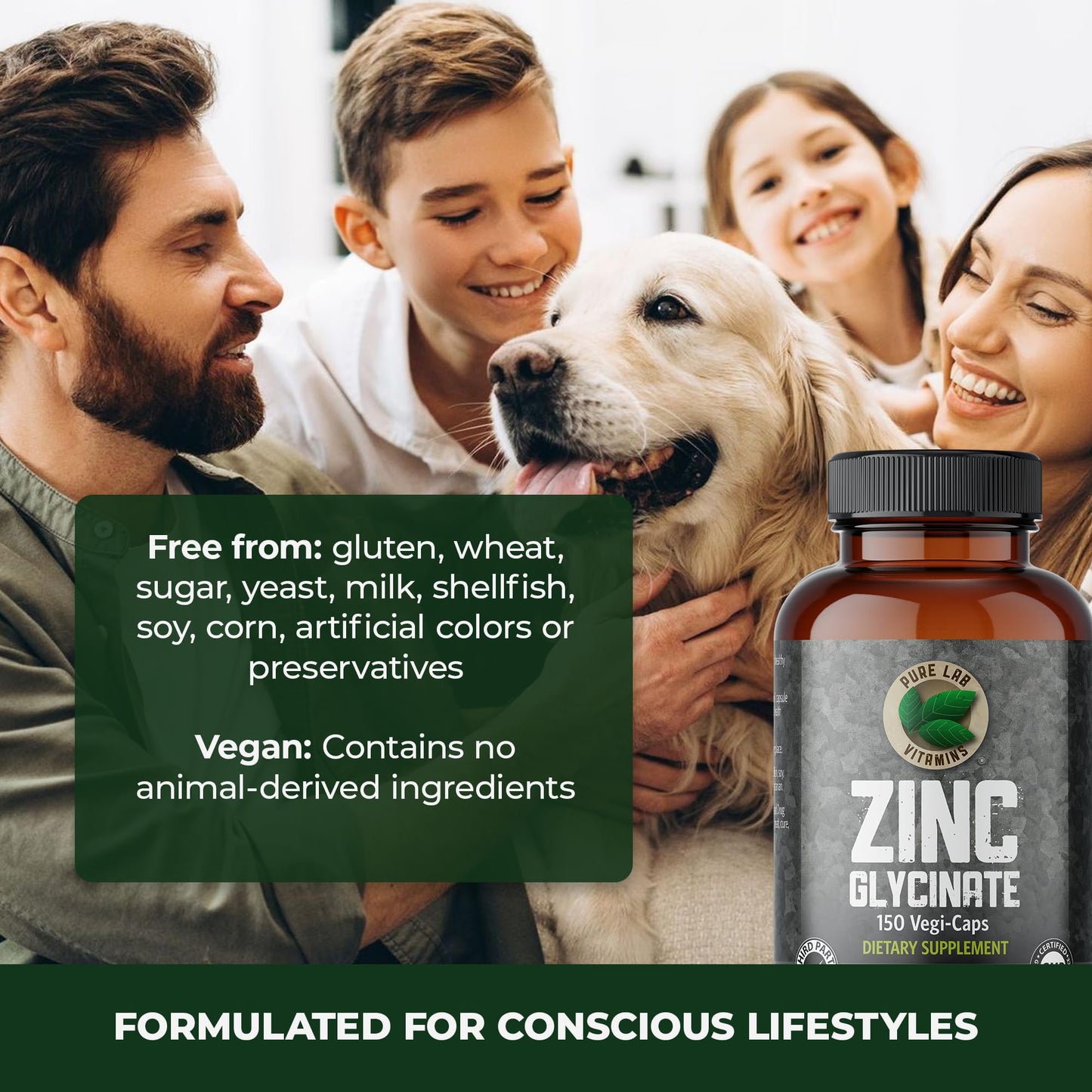 Pure Lab Vitamins Zinc Glycinate Capsules, 150 Count