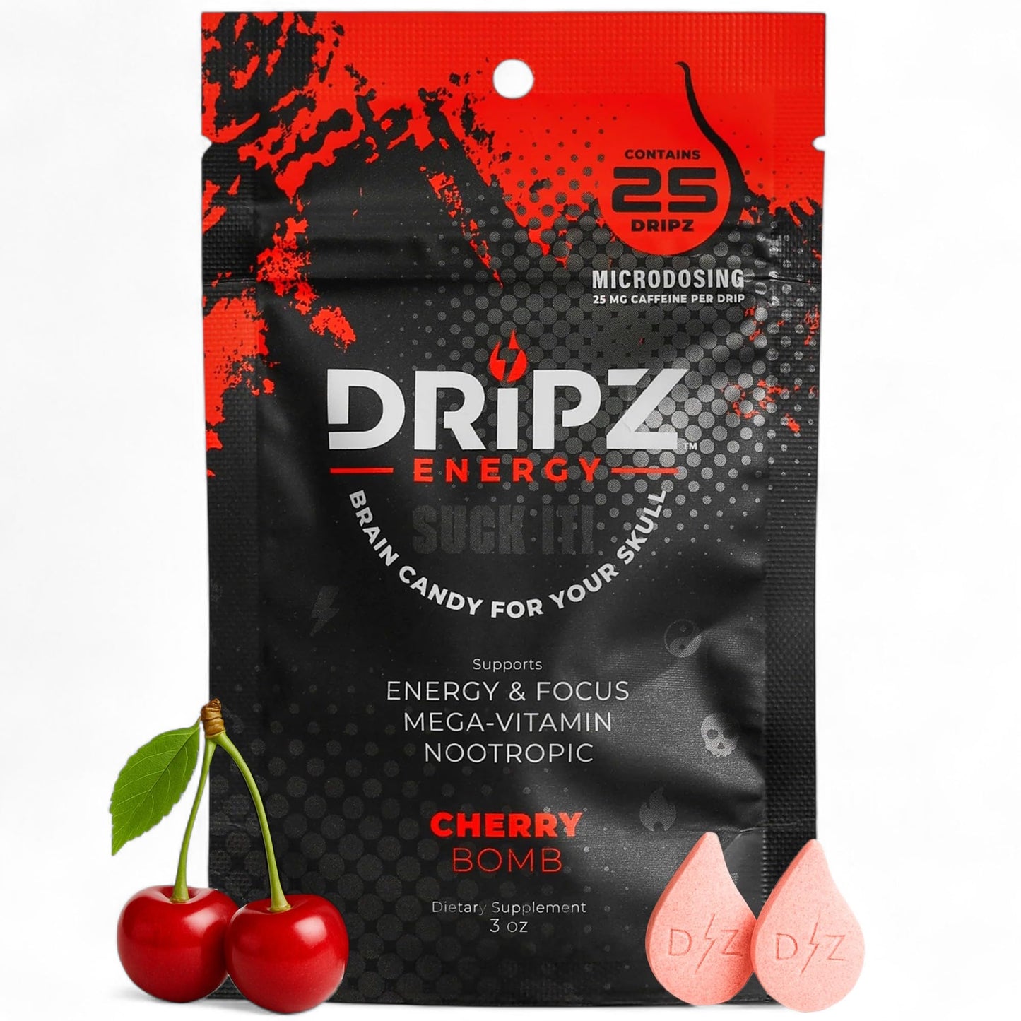 Dripz Energy Cherry Bomb Nootropic Energy & Focus Tablets – Brain Fog Support & Productivity Booster, 25 Tablets