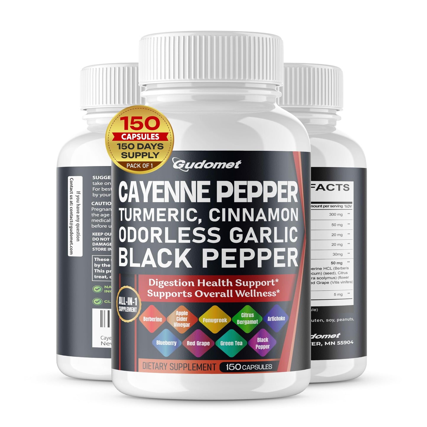 GUDOMET Cayenne Pepper Turmeric Odorless Garlic Cinnamon Fenugreek Citrus Bergamot Artichoke Blueberry Green Tea Black Pepper Capsules, 150 Count