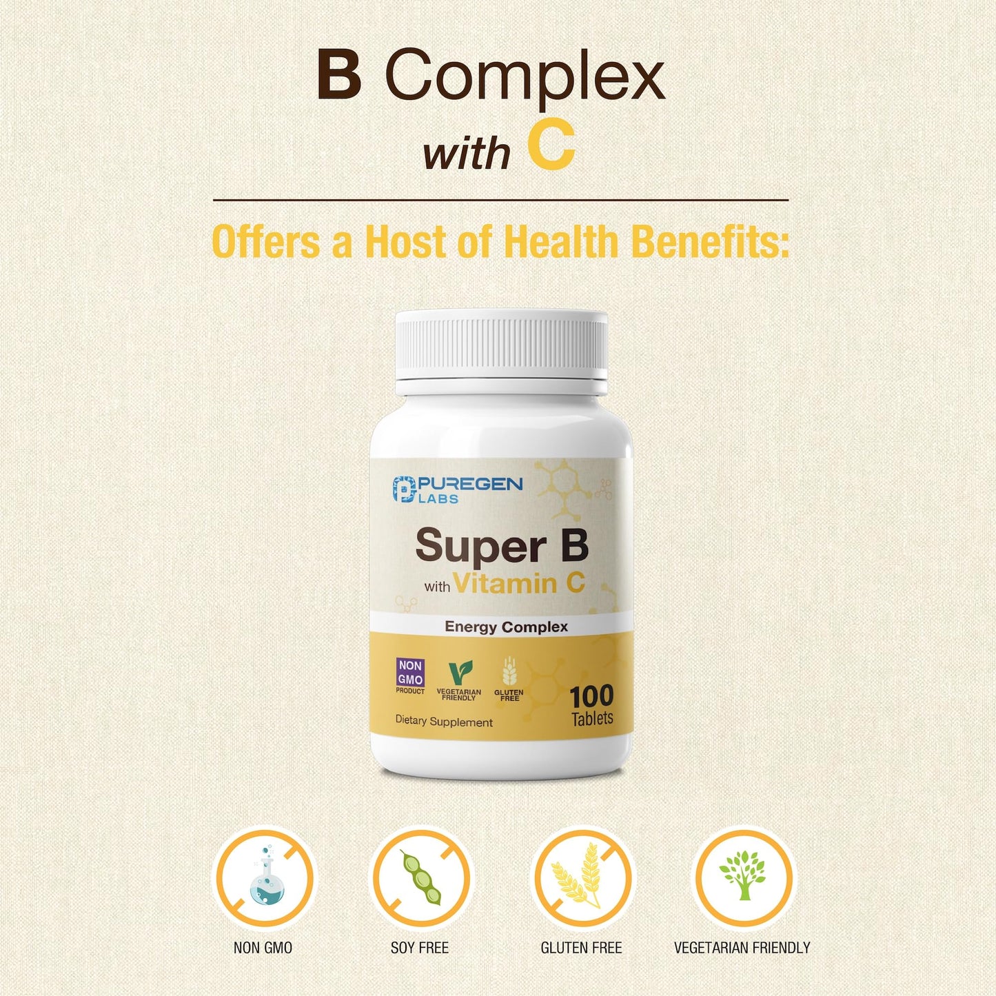 P Puregen Labs Super B Energy Complex with Vitamin C - Immune Health, Energy & Nervous System Support - Non-GMO, Gluten-Free 100 Vegetarian Tablets