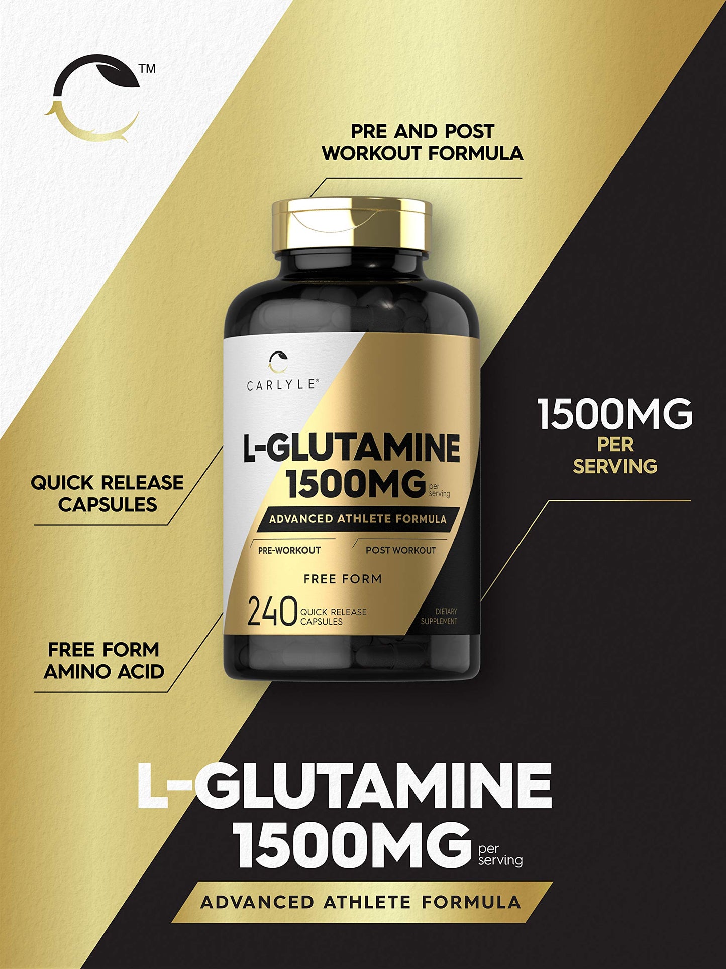 Carlyle L-Glutamine 1500mg Capsules, 240 Count