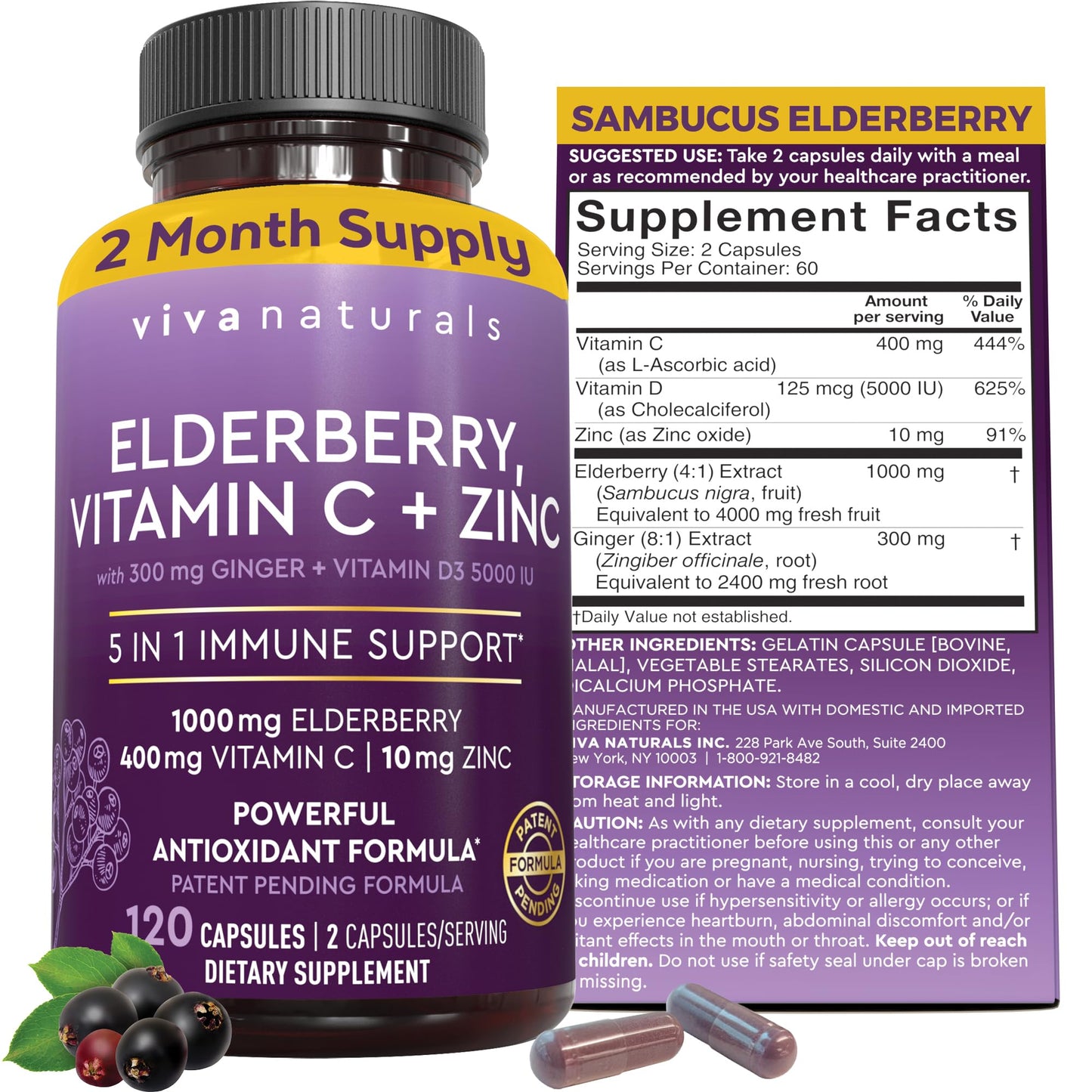 Viva Naturals Elderberry with Vitamin C, Zinc & Vitamin D3 5000 IU Capsules, 120 Count