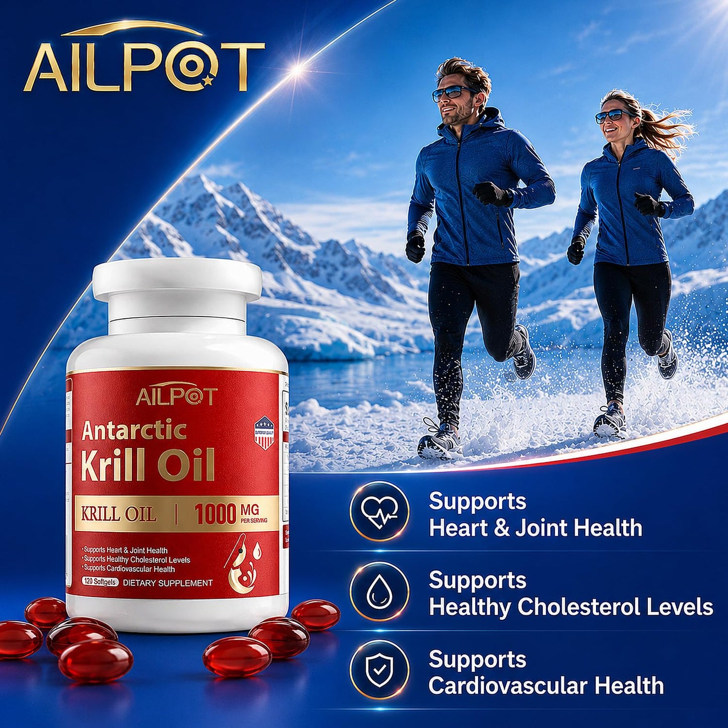 AILPOT Antarctic Krill Oil 1000mg Omega-3 Supplement with EPA, DHA High Absorption Softgel, 120 Count