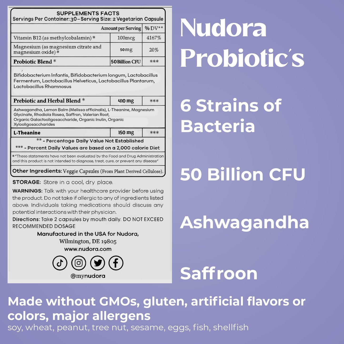 Nudora Daily 3 in 1 Probiotics & Prebiotics with Ashwagandha & Other Herbal Ingredients for Women and Men, 60 Capsules