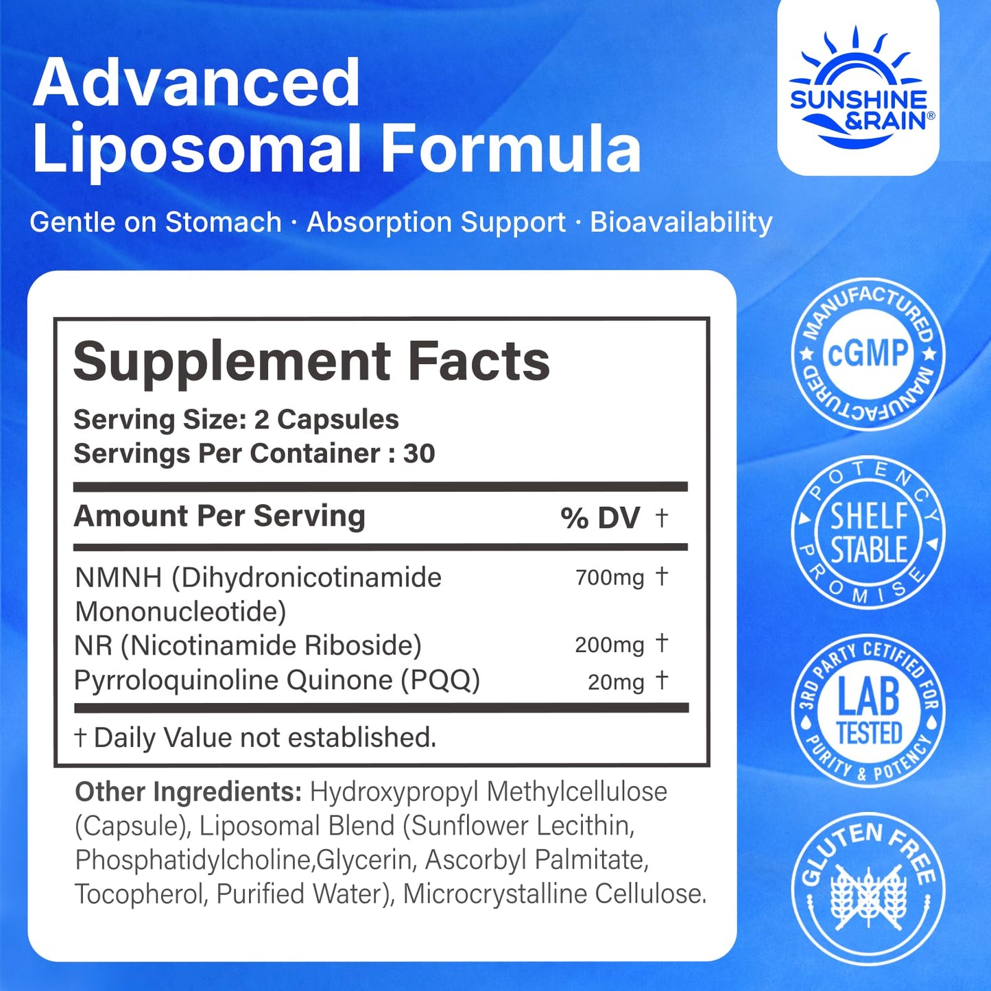 Sunshine & Rain Liposomal NMNH NR PQQ NAD⁺ Support Capsules, 180 Capsules