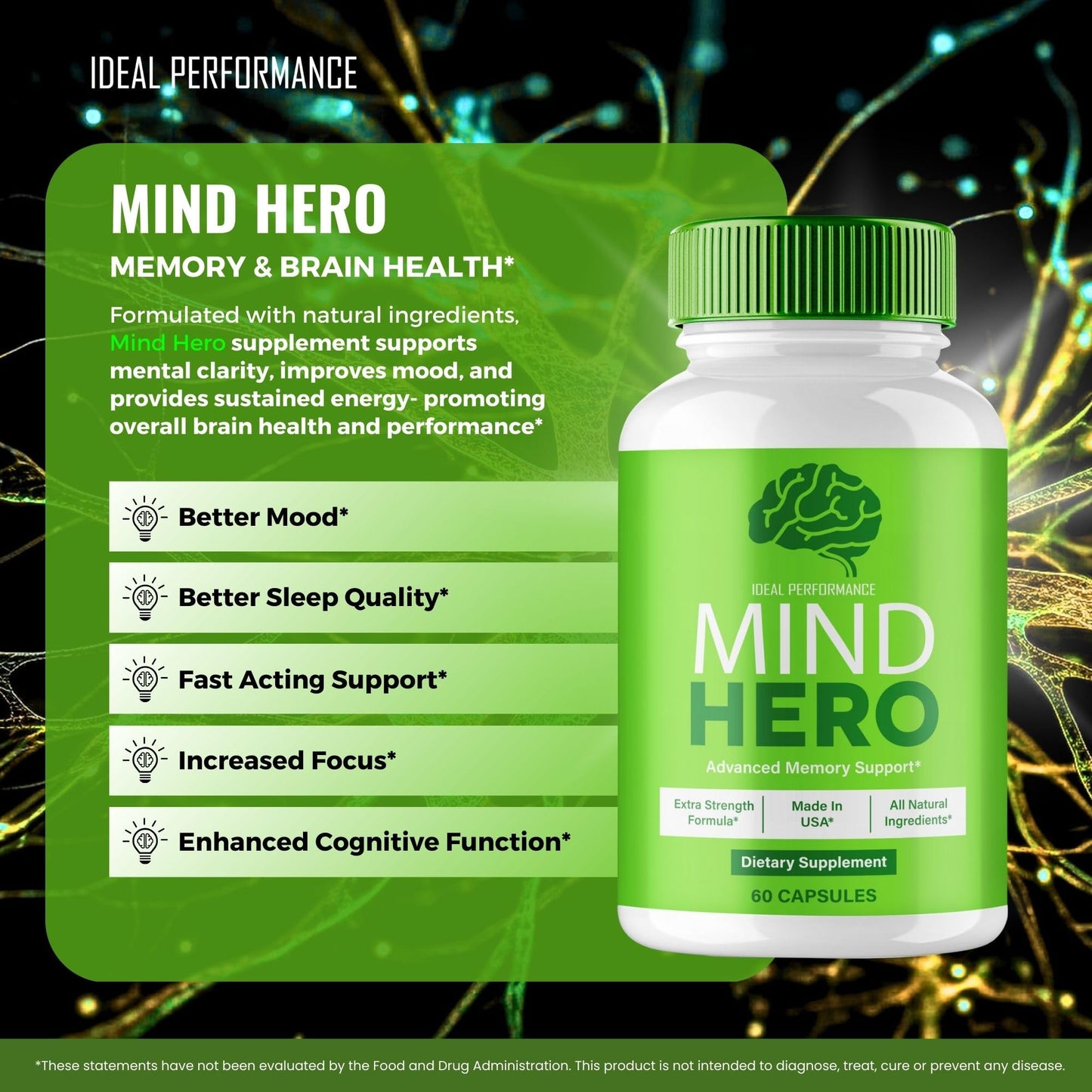 IDEAL PERFORMANCE Mind Hero Brain Supplement Capsules, 120 Capsules