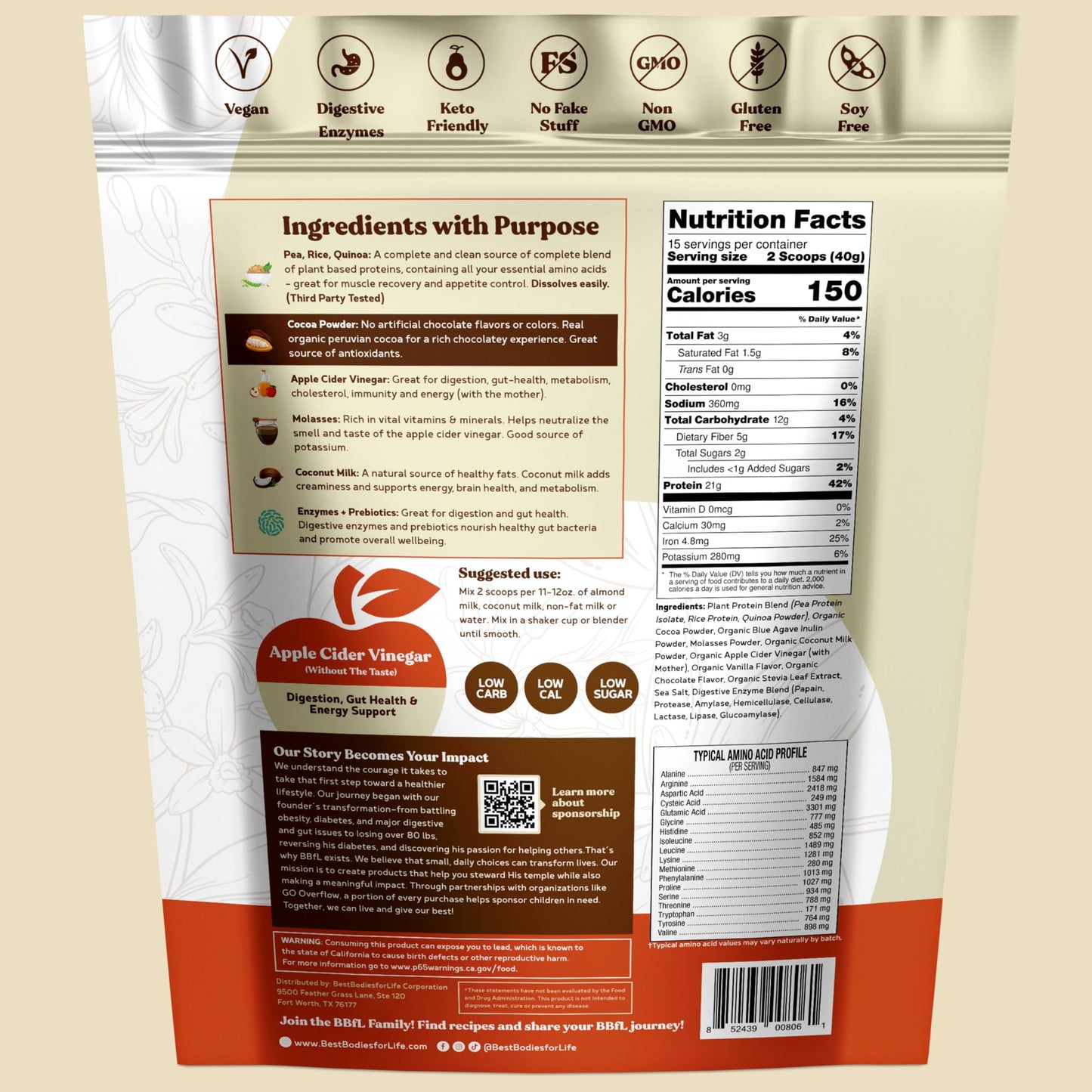 BBfL Plant-Based Protein Shake Powder, 20.48 oz, 15 Servings