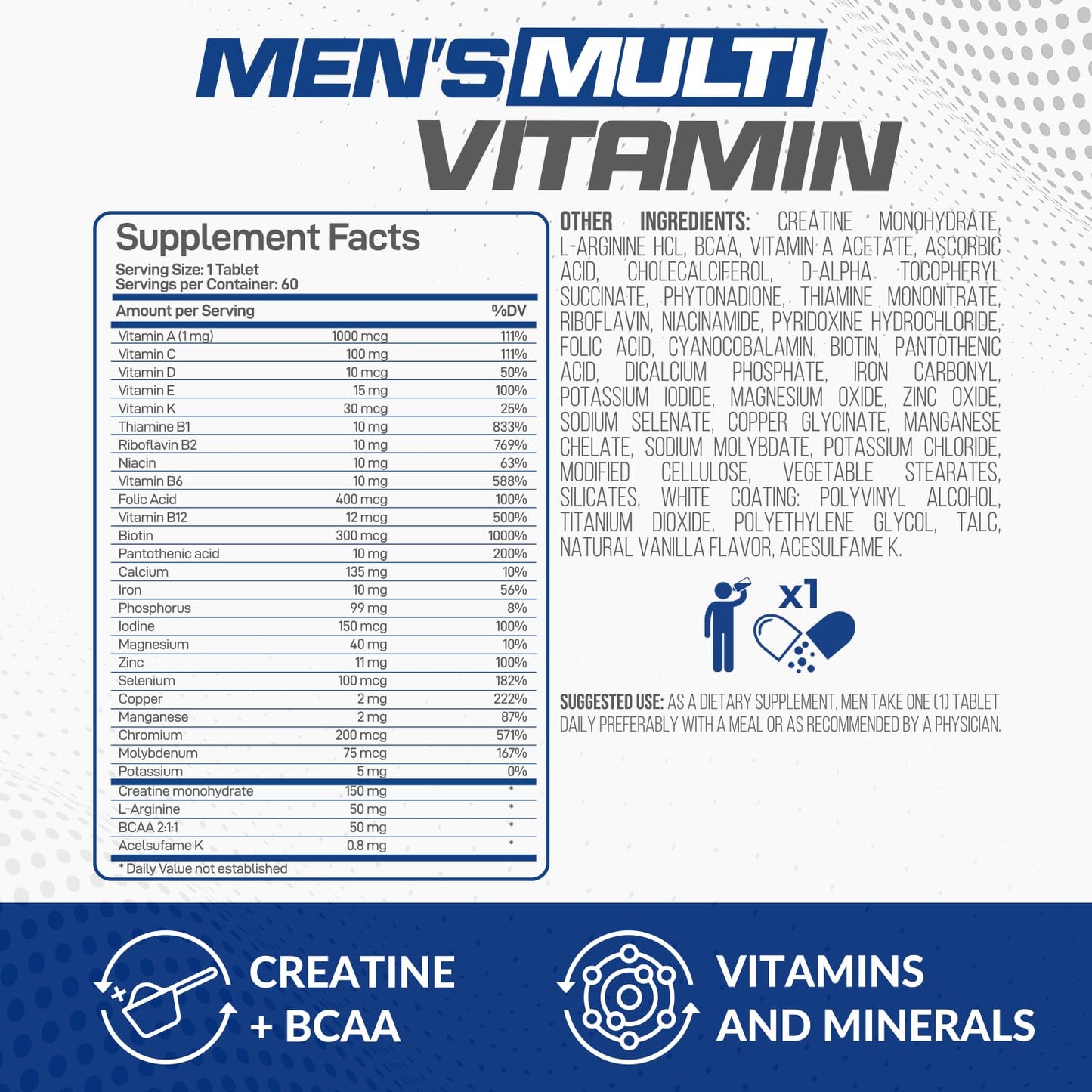 Forzagen Essentials Men's Multivitamin with Creatine and BCAA, Complete Vitamin and Mineral Complex Tablet, 1 Count