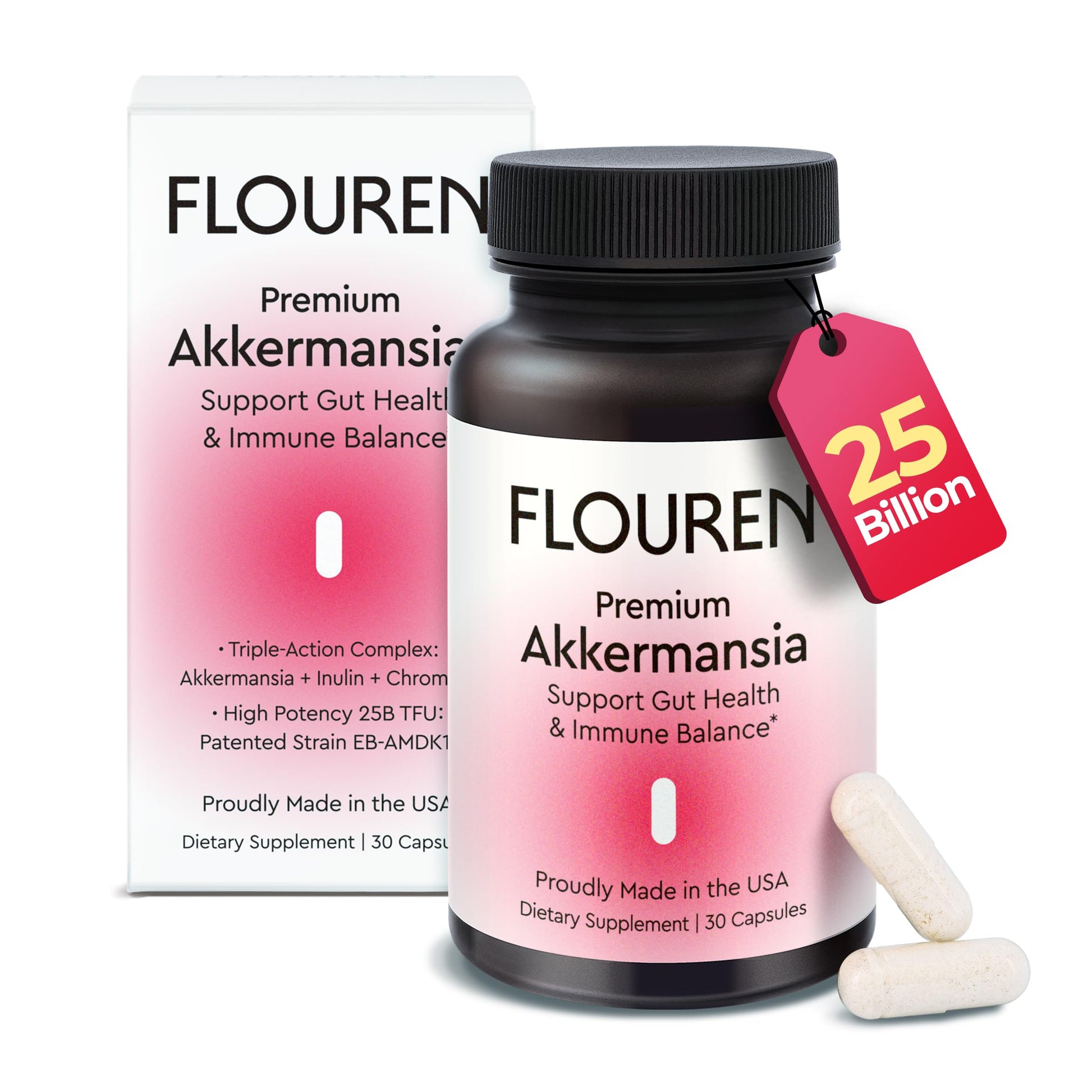 FLOUREN Postbiotic Formula Probiotic Capsule with Akkermansia EB-AMDK19, 25 Billion TFU, 30 Capsules