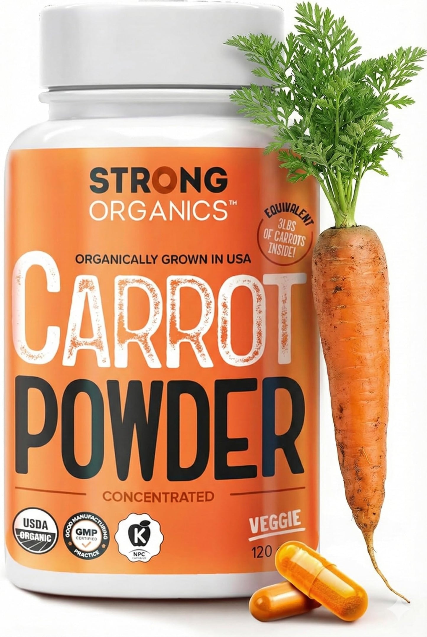 Strong Organics Organic Carrot Juice Powder USA Grown Eye & Skin Health Capsules 120