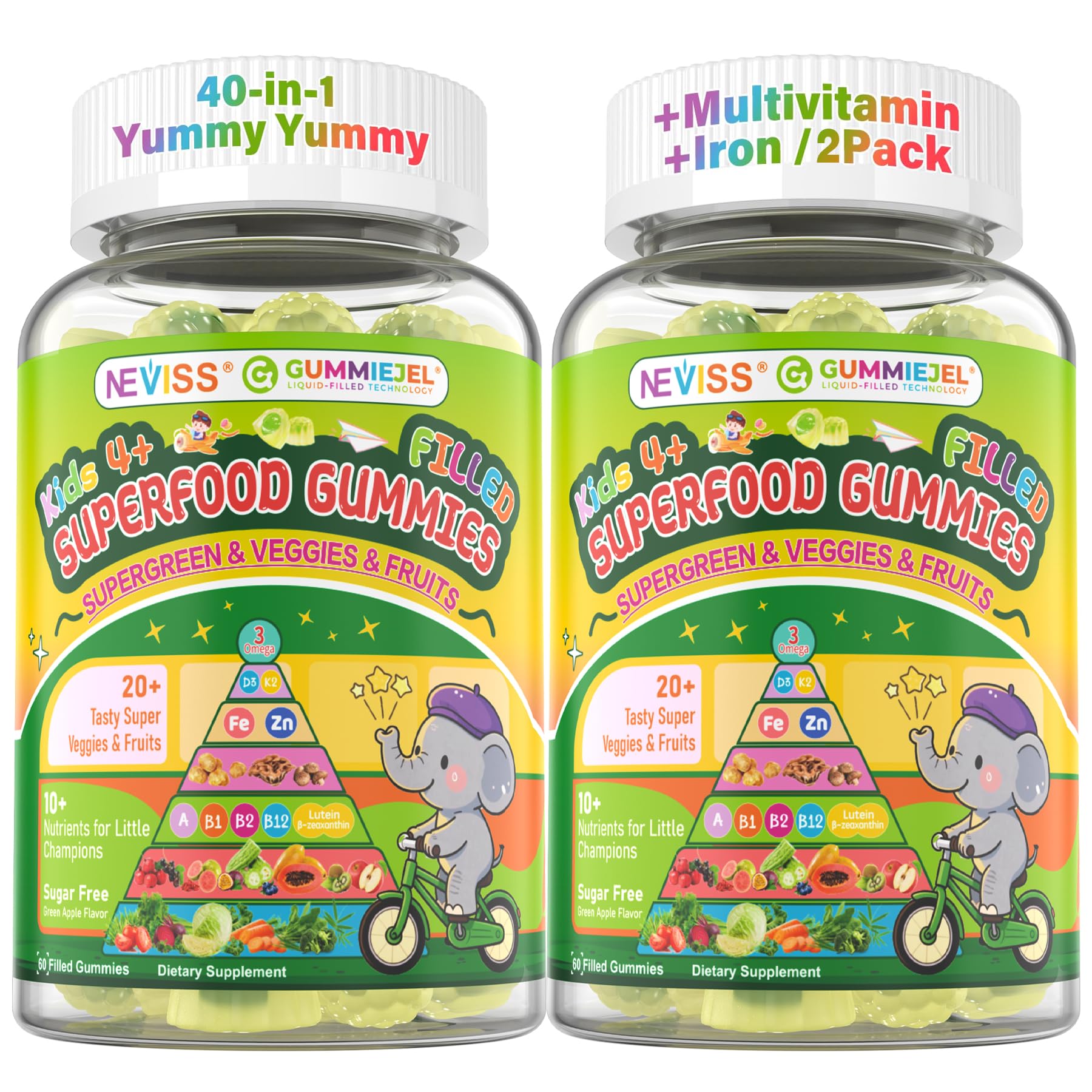 NEVISS Kids & Teens Multivitamin Gummies with Iron, Omega-3, D3, K2 – 120 Gummies