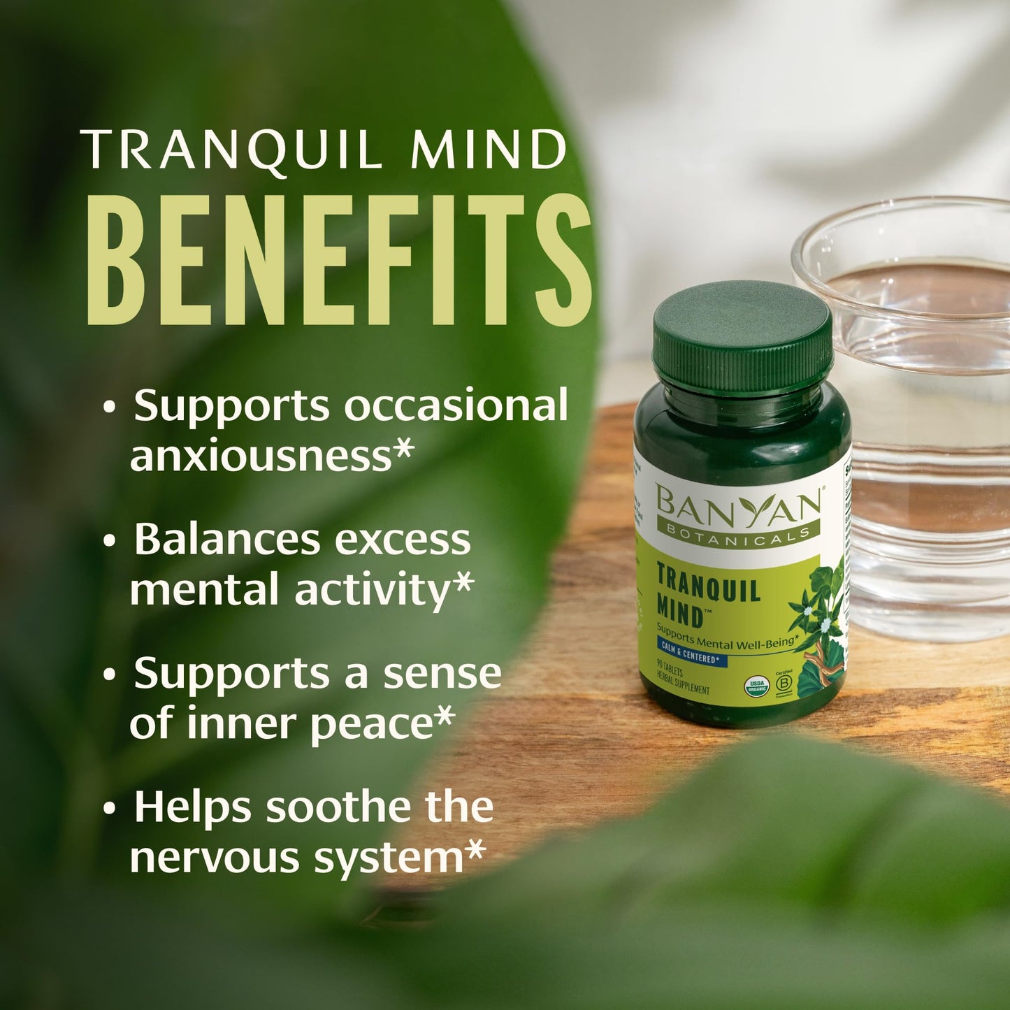 Banyan Botanicals Organic Tranquil Mind – Nervous System Support & Physical Relaxation Supplement – with Skullcap, Passionflower & Gotu Kola – Non-Drowsy Systemic Grounding, 90 Tablets