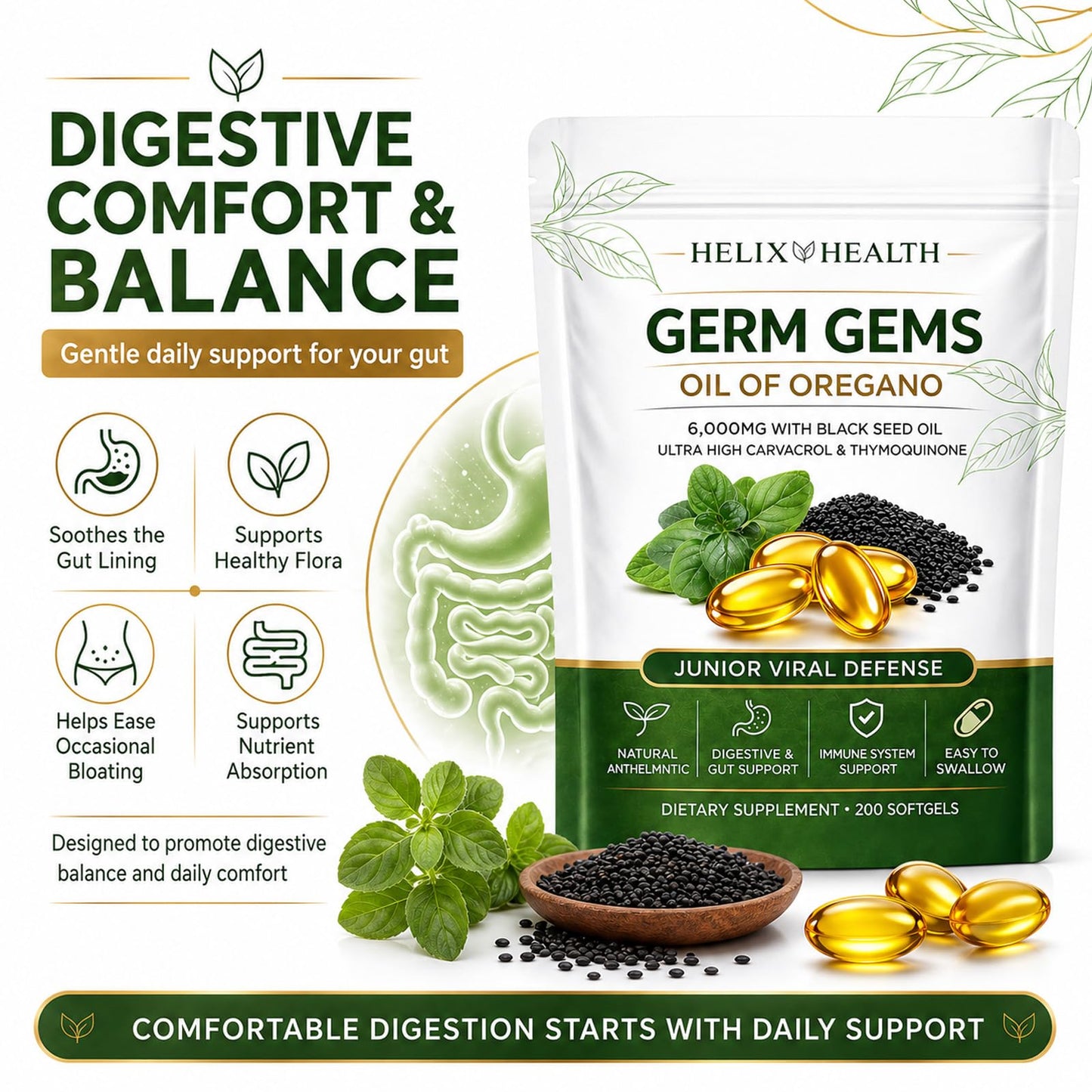 AuraNaturals Helix Health Germ Gems Oil of Oregano Capsule with Black Seed Oil, 4X Strength Carvacrol & Thymoquinone, Immune & Digestive Support, 2-in-1 Formula, Plant Based, Non-GMO, 200 Count