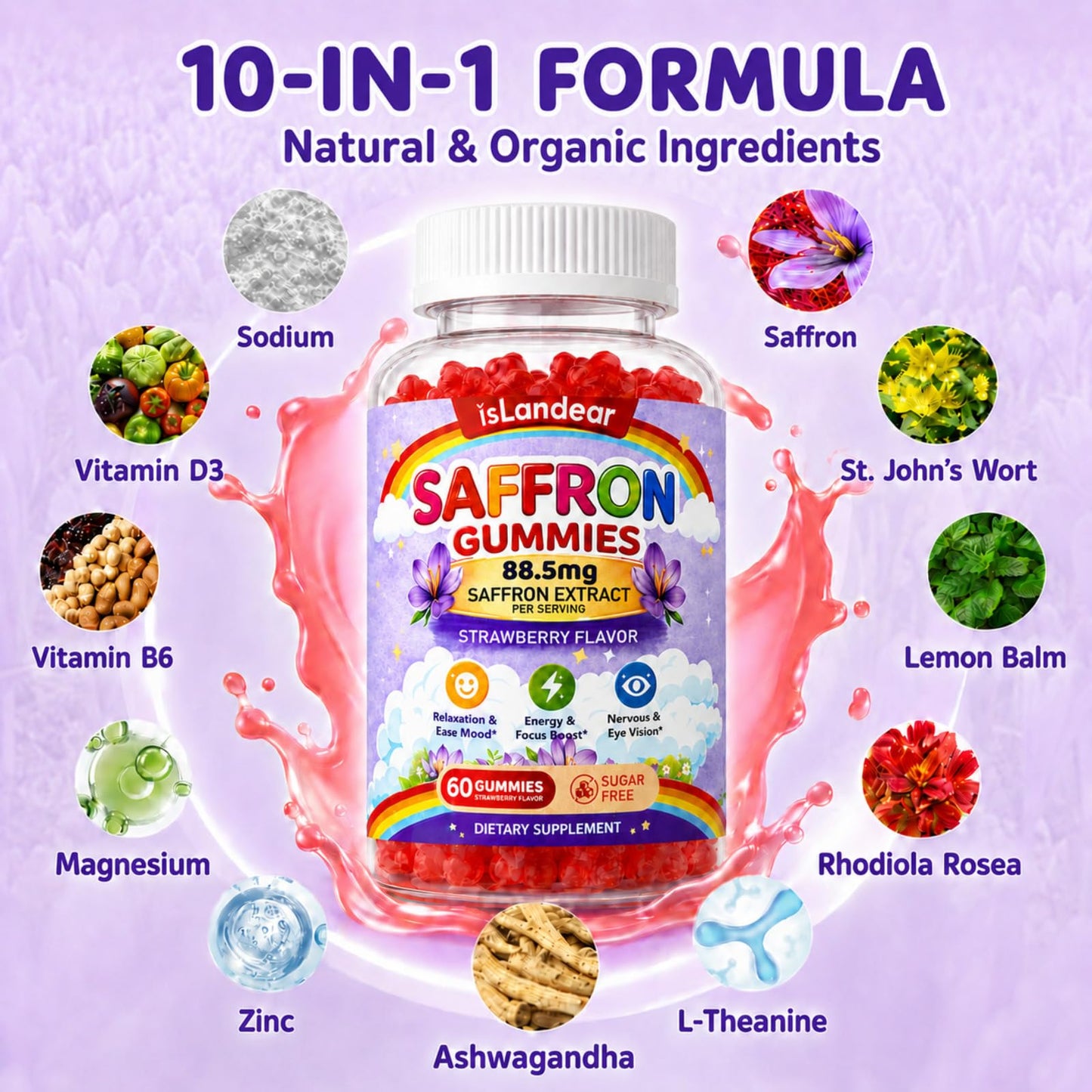 isLandear Saffron Gummies for Kids & Adults for Calm Mood, Focus & Daily Wellness Gummy, 60 Count