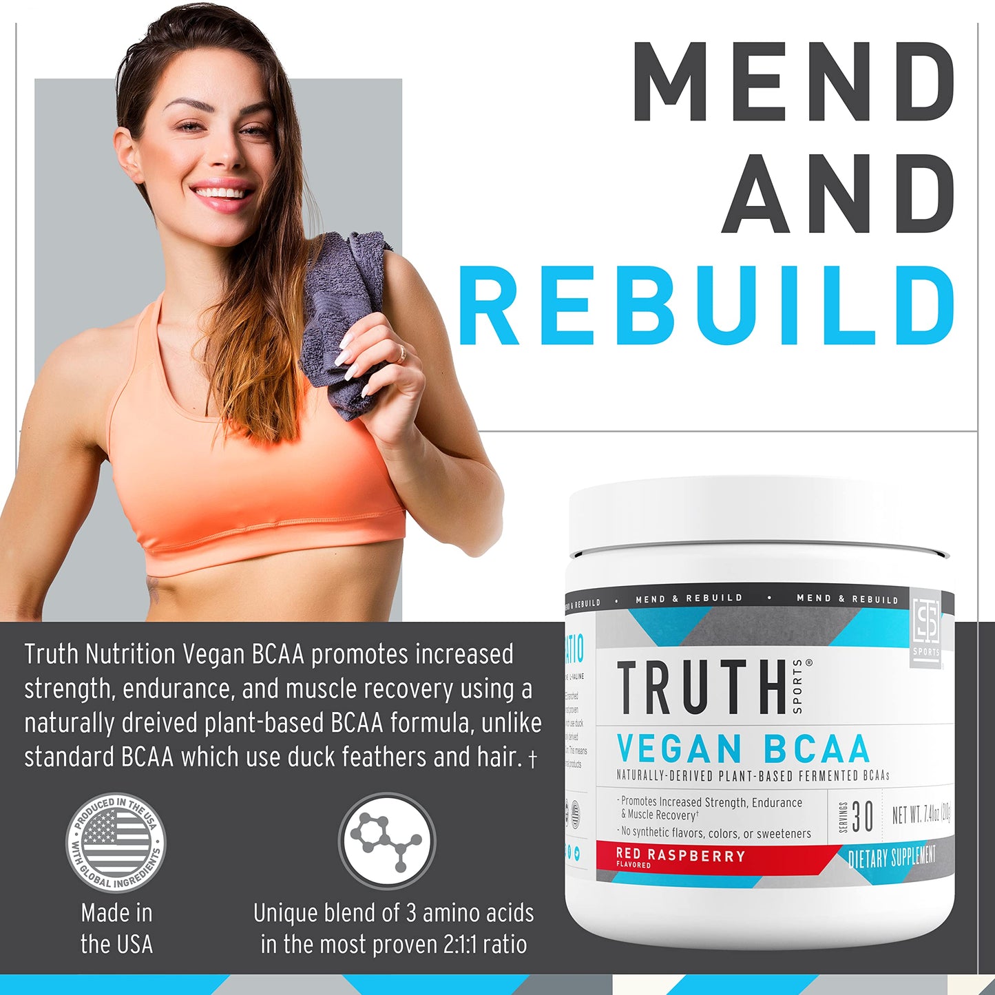 Truth Nutrition Vegan BCAA Powder 2:1:1 Ratio Natural BCAAs Amino Acids 7.7 Ounce
