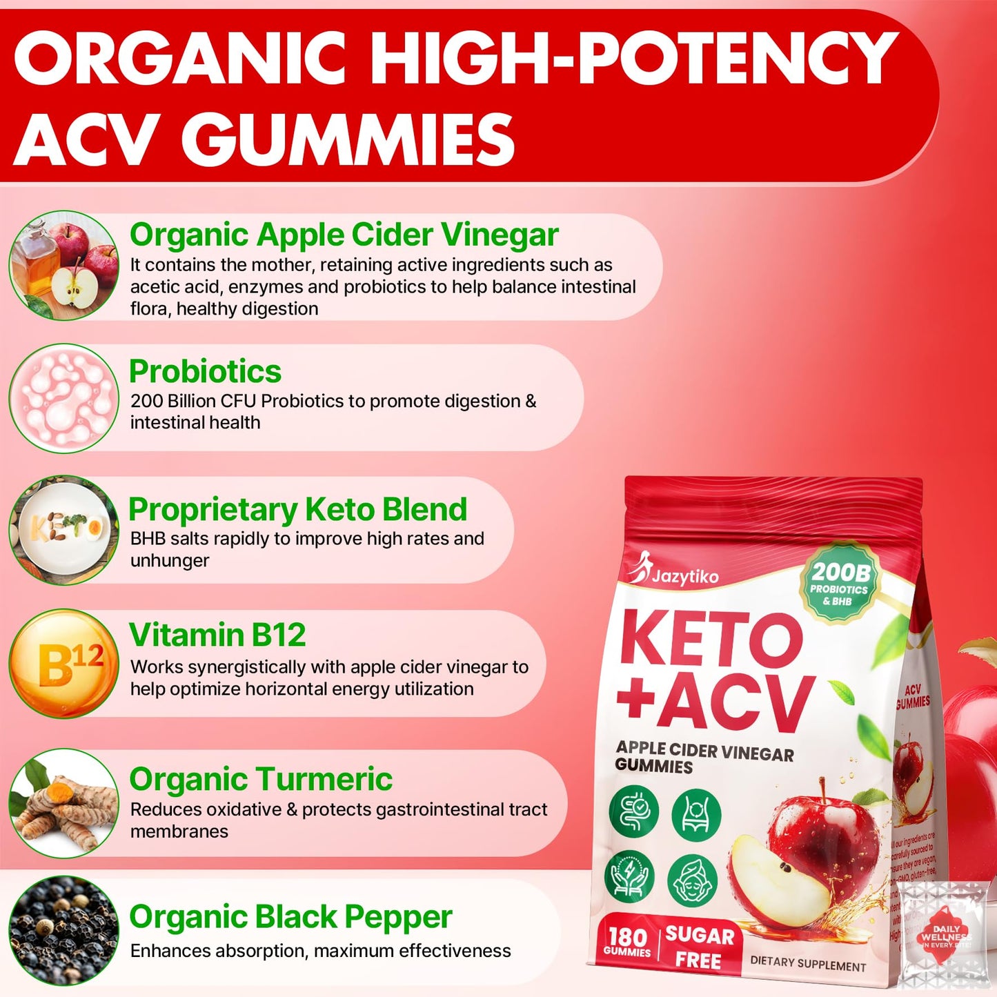 Jazytiko Apple Cider Vinegar Gummies Advanced ACV Gummy with Probiotics, BHB, B12 and Keto Support for Detox, Metabolism, Digestion, Gut & Immune Health, Sugar Free, Vegan, 180 Count