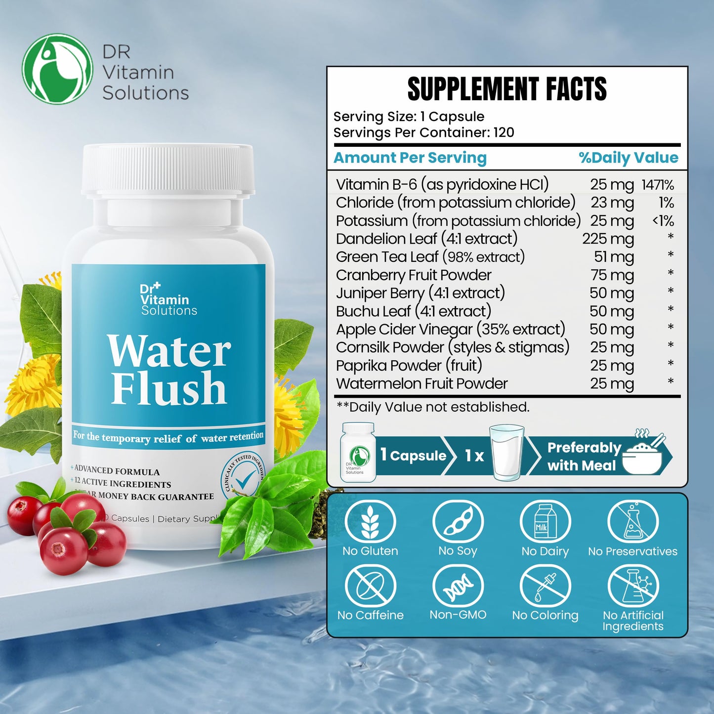 DR VITAMIN SOLUTIONS Diuretic Water Pills for Weight Control Capsules 120