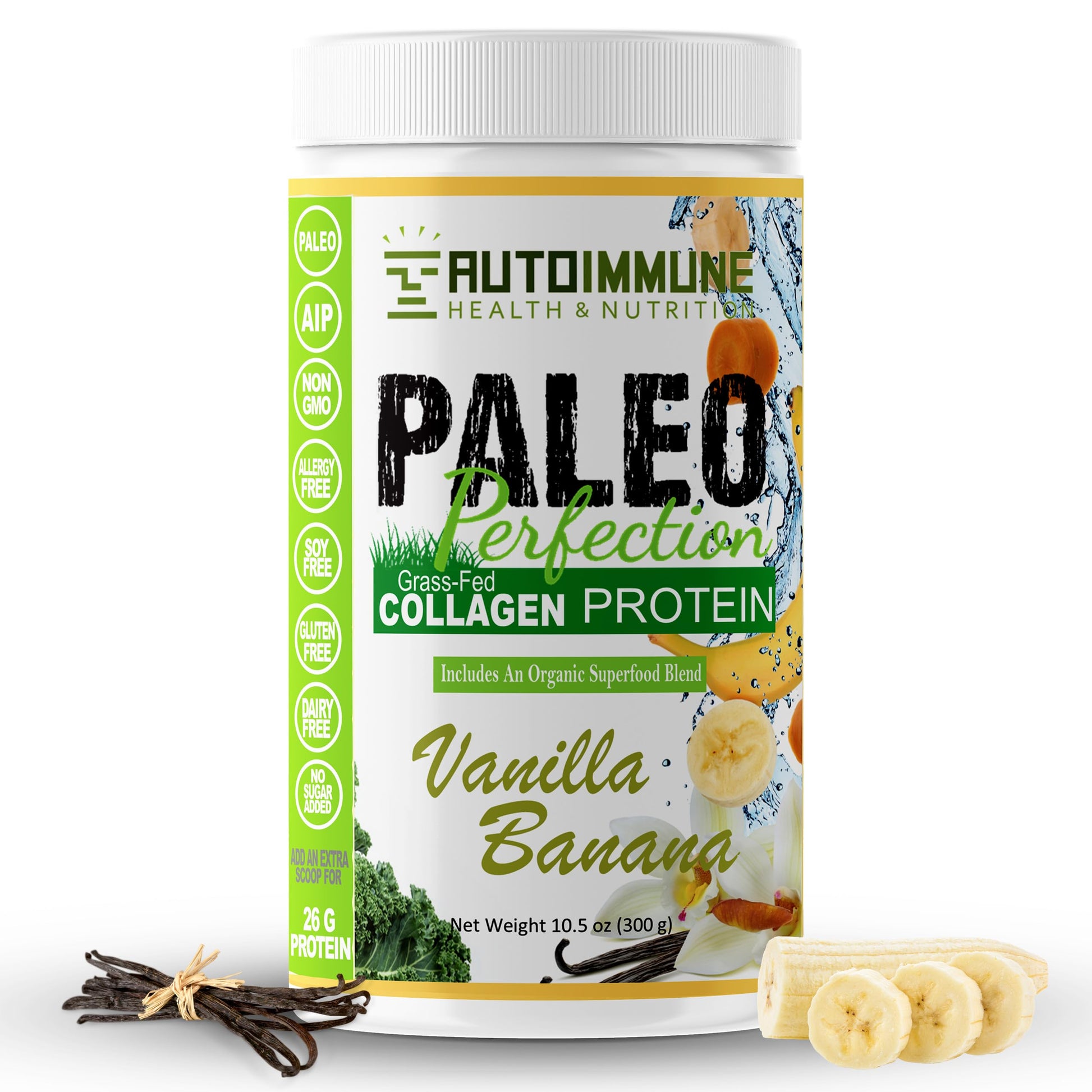 Autoimmune Health & Nutrition Paleo Perfection Vanilla Banana Grass Fed Beef Collagen Protein Powder with Stevia, 10.5 oz