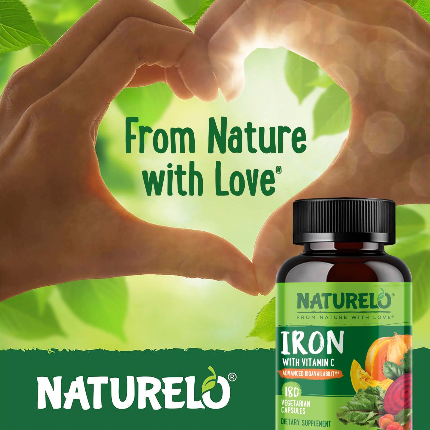 NATURELO Vegan Iron Supplement with Vitamin C and Organic Whole Foods - Capsules, 180 Count