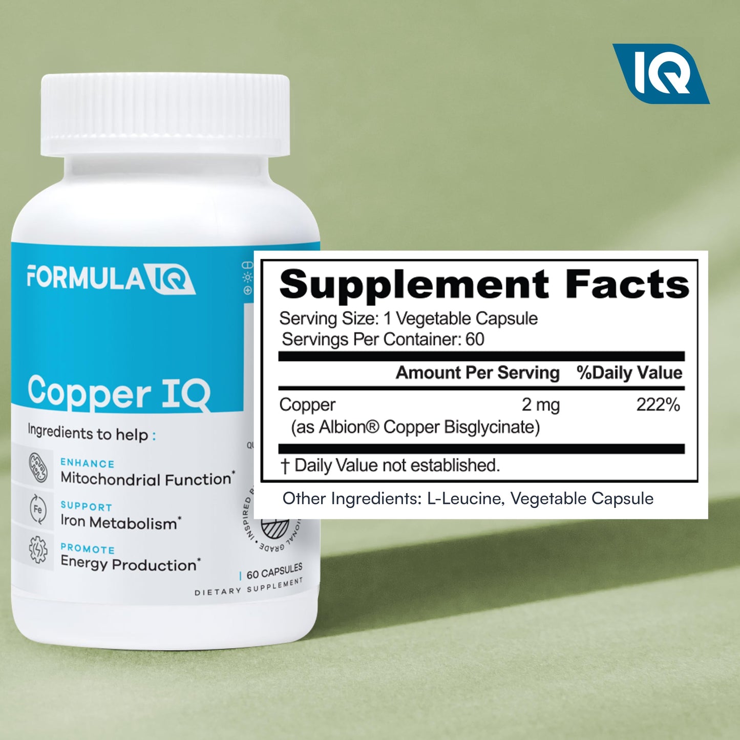 FIQ Copper IQ High Absorption Albion Bisglycinate Mineral for Energy Production & Iron Metabolism Support, Chelated Supplement, 60 Capsules