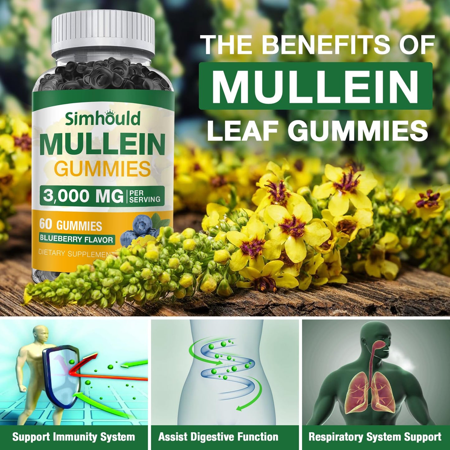 Simhould Mullein Gummies Sugar Free 3000MG Gummy 1 Pack