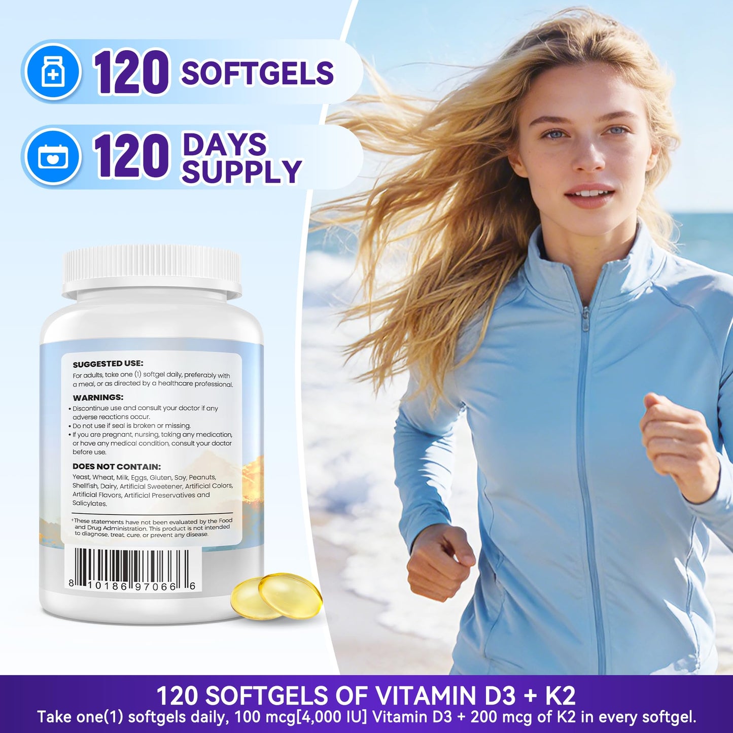 NuvitaGarden Vitamin K2 (MK-7) with D3 Softgels, 120 Count