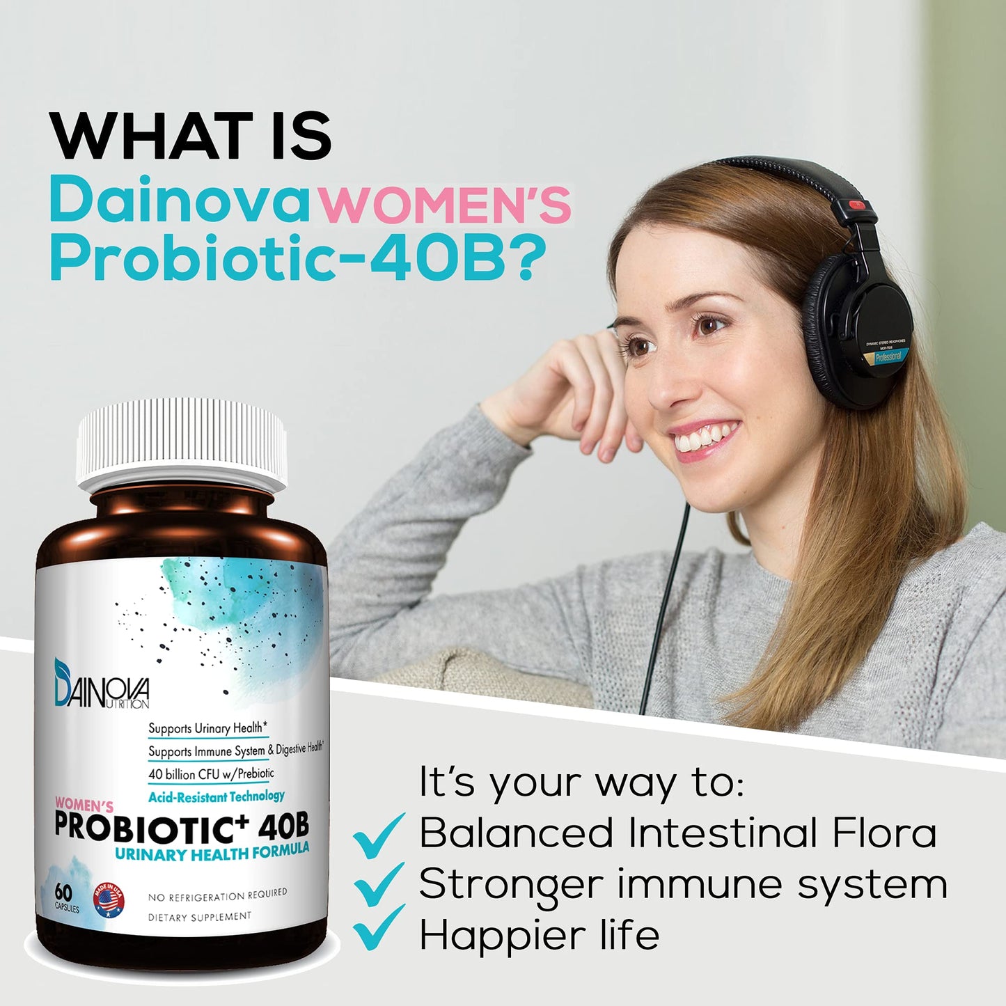 Dainova Nutrition Probiotics for Women Vaginal Health, Urinary Tract Health & Yeast Infection, 40 Billion CFU with Prebiotics, 60 Capsules