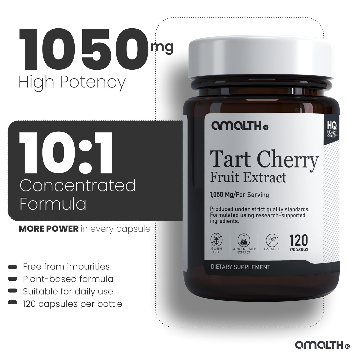 AMALTH Tart Cherry Extract Capsules 1050 mg | Tart Cherry Fruit Extract Supplement | Antioxidant Support | Sleep & Joint Support Formula | Plant Based | Non-GMO | 120 Veg Capsules