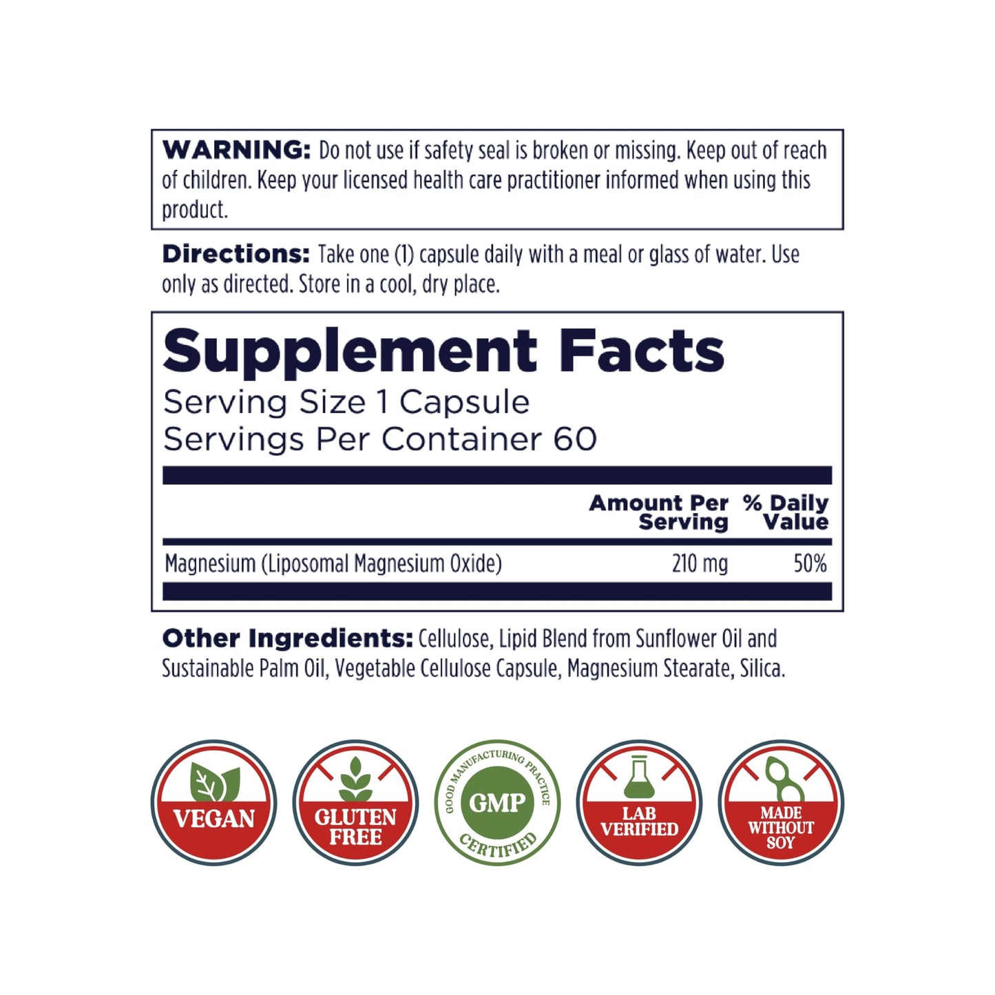 KAL Liposomal Magnesium Oxide 210 mg Capsules, 60 Count