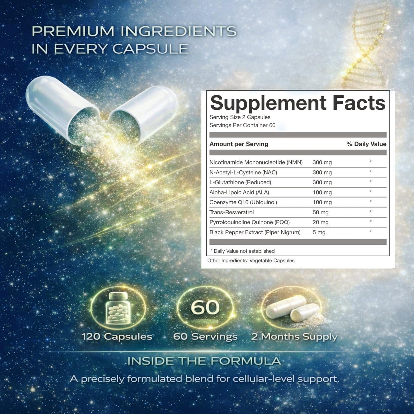 Moon Laboratory NMN + L-Glutathione Supplement – NAD+ Support, Mitochondrial Energy & Antioxidant Defense with CoQ10, NAC, PQQ & Alpha Lipoic Acid – 120 Capsules