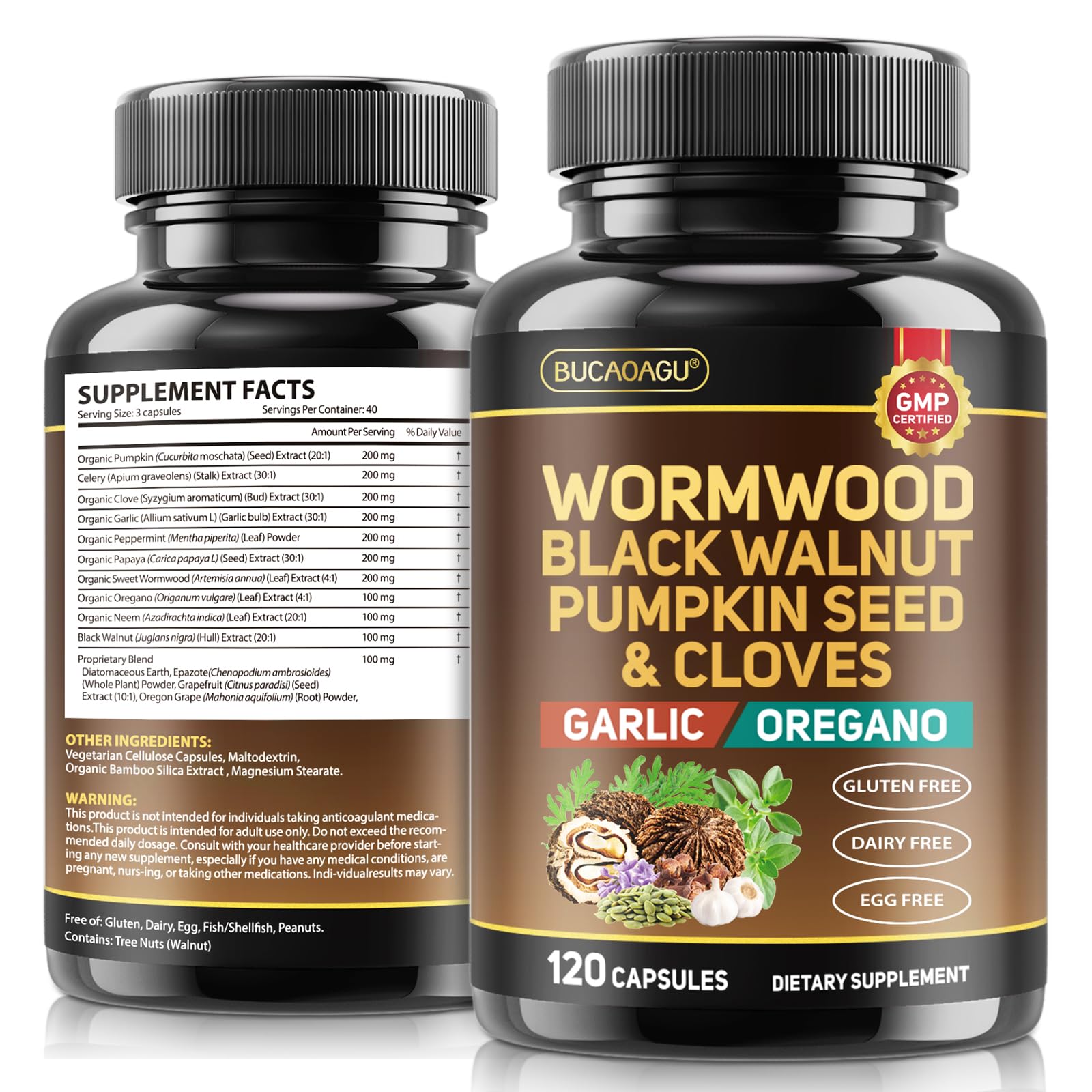 BUCAOAGU Black Walnut Wormwood Clove Cleanse for Humans Gut Cleanse & Digestive Health with Pumpkin Seed Garlic Celery Neem Papaya Diatomaceous Earth Probiotic Supplement Vegan Capsules 120