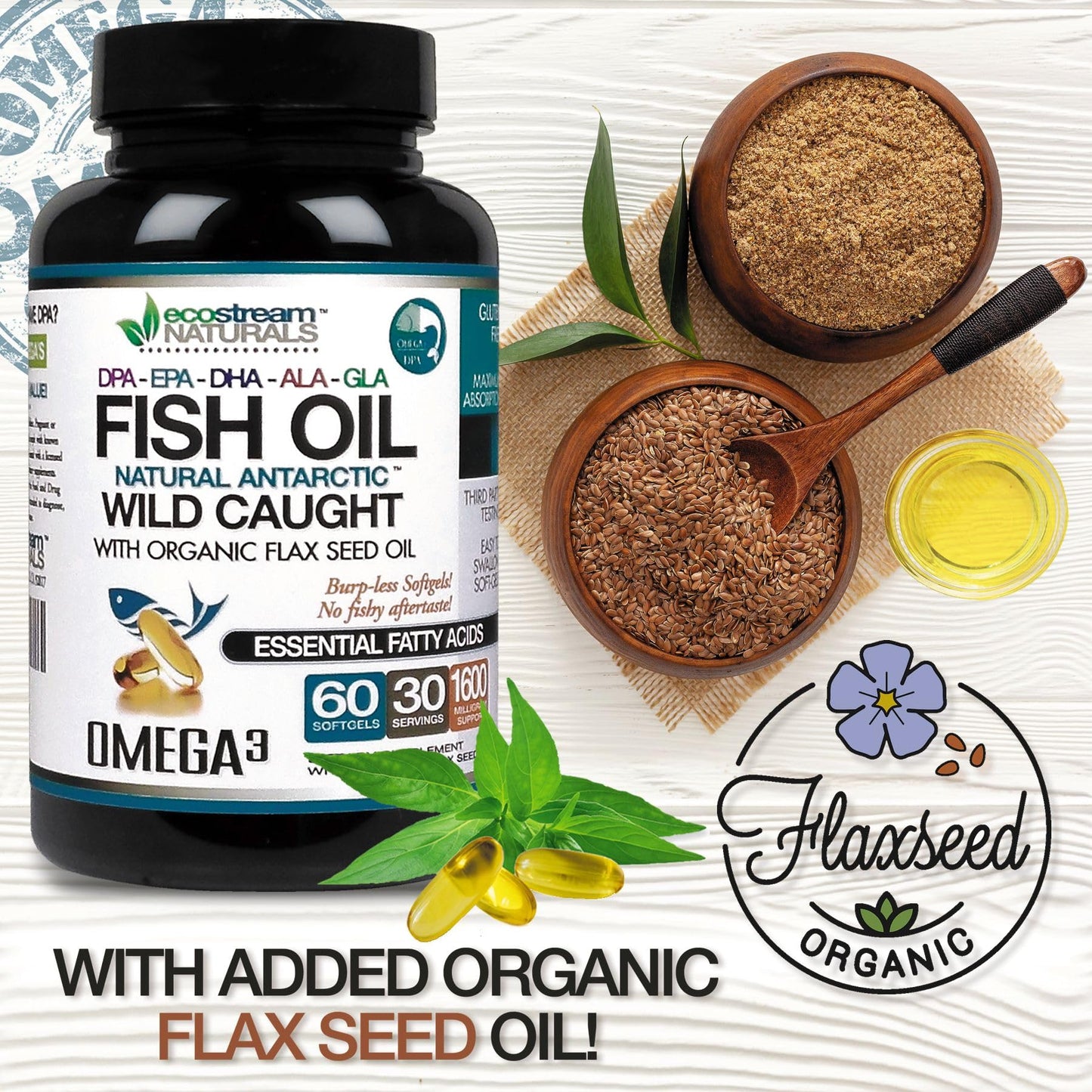 ecostream Naturals Wild Caught Antarctic Fish Oil with Organic Flax Seed Oil Omega3 Ultra DPA-EPA-DHA-GLA-ALA Softgels 60 Count