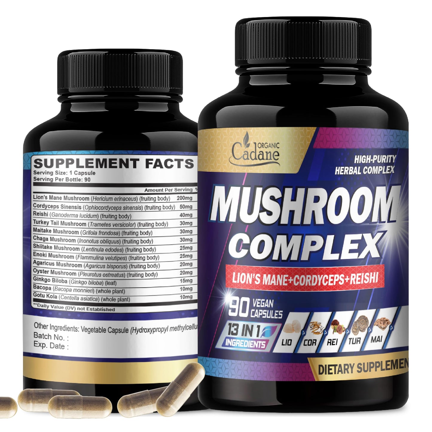 Organic Cadane Mushroom Complex Supplements Capsule, 13-in-1, 90 Vegan Capsules