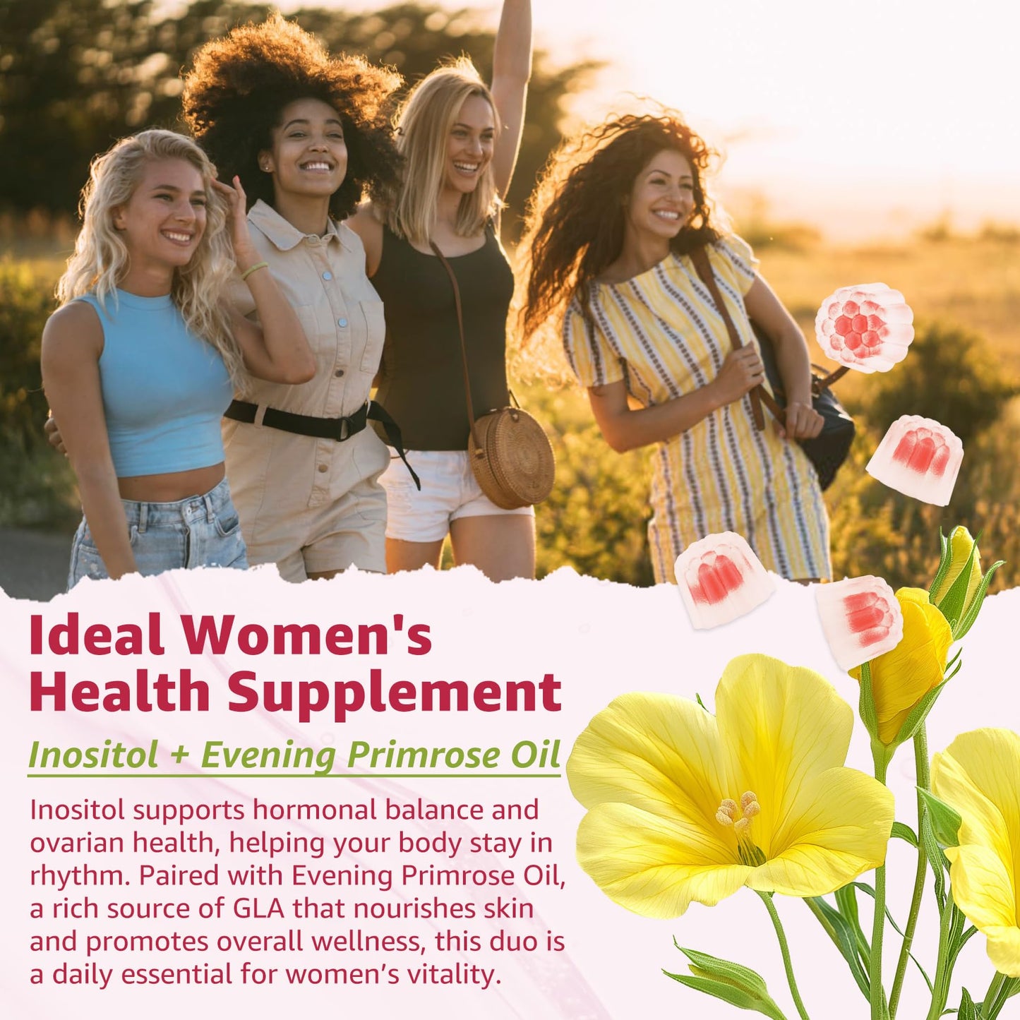Nextdia Inositol Gummies with Evening Primrose Oil, 40:1 Ratio Myo-Inositol 2000mg & D-Chiro Inositol 50mg, Vitamin D3 B6 B12 & Zinc, Sugar-Free, Vegan, 60 Gummies