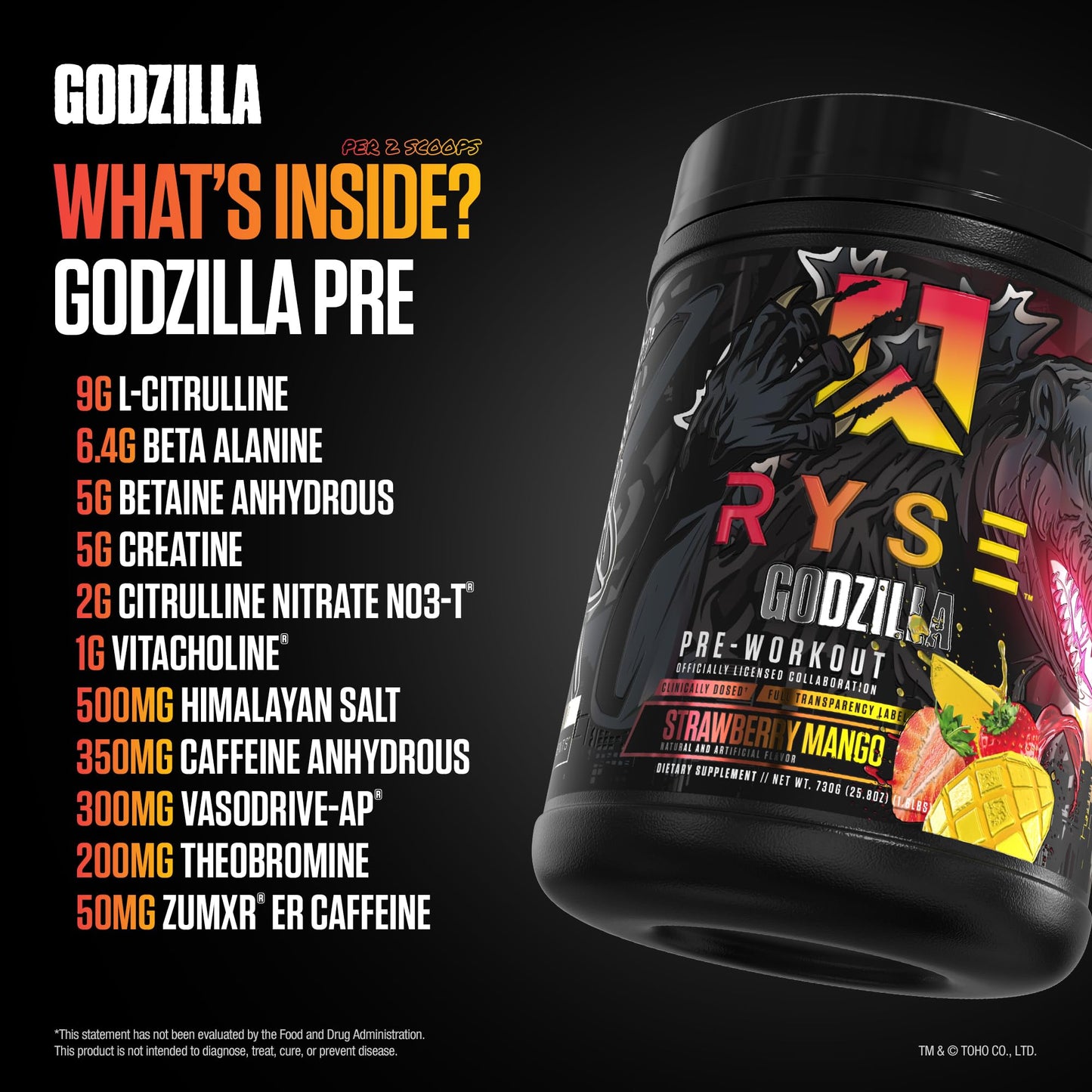 RYSE Up Supplements Godzilla X Noel Deyzel Pre Workout Powder Strawberry Mango 400mg Caffeine High Stim Pre-Workout for Men & Women with Citrulline & Beta Alanine Energy, Pump & Focus, 25.6 oz