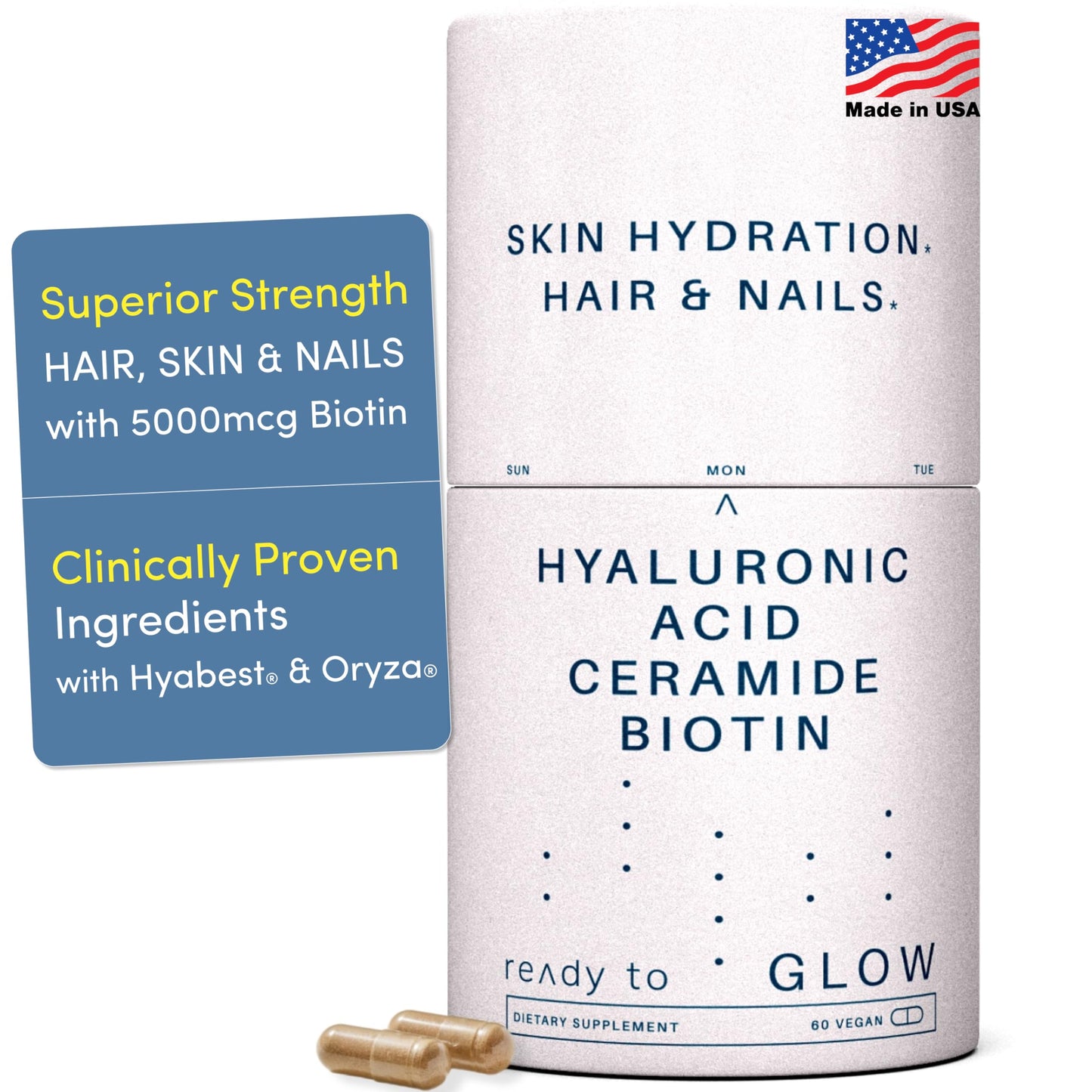 Ready To GLOW Anti Aging Supplement - Hyabest Hyaluronic Acid, Phytoceramides, 5000 mcg Biotin, Vitamins A, C, E, Zinc - Hair Skin Nails Vitamins for Women & Men - Wrinkles & Skin Hydration, 60 Capsules