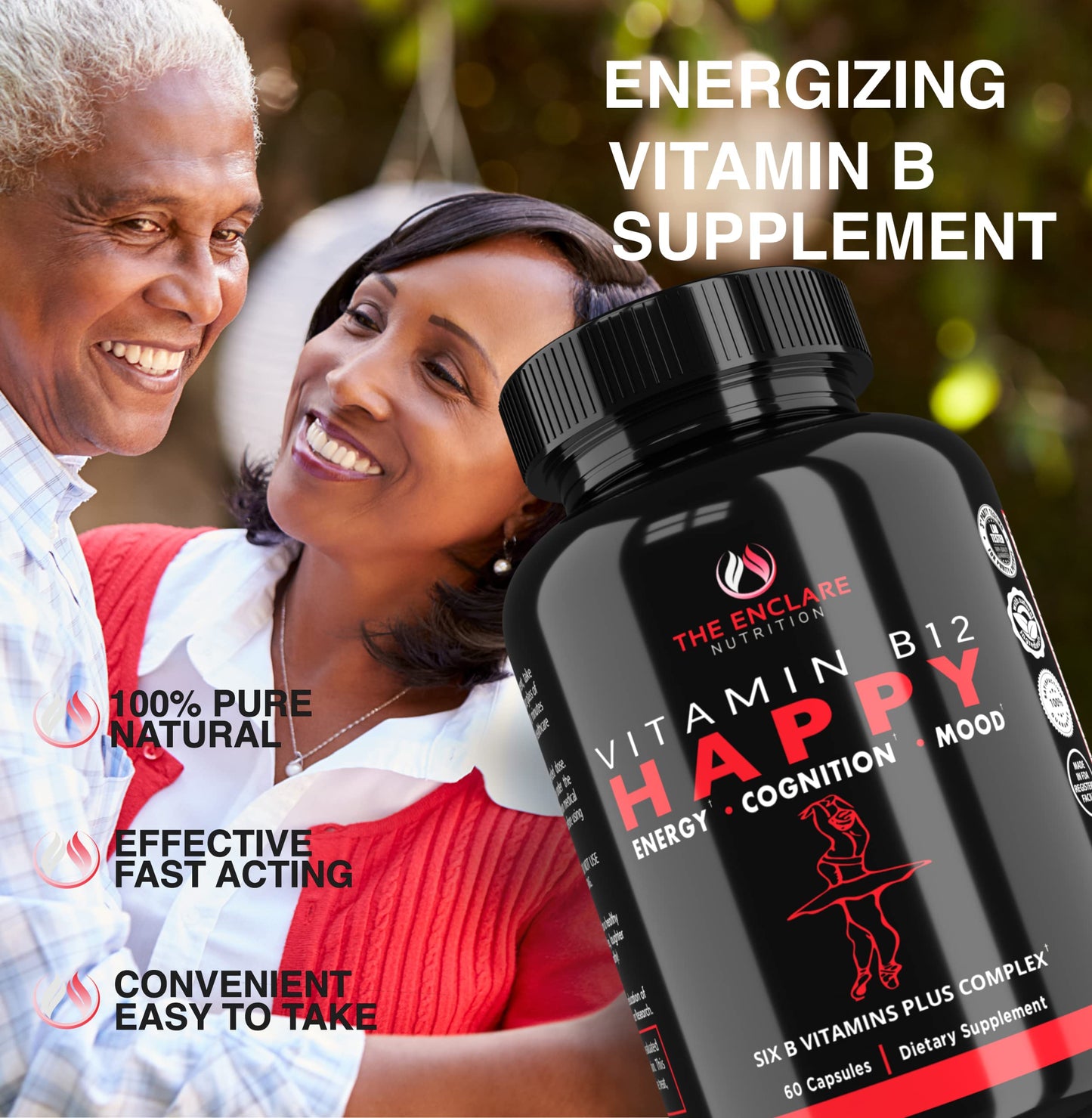 THE ENCLARE NUTRITION Vitamin B12 - B Complex Vitamins Supplement-Energy Metabolism, Nervous System Support, Brain, Heart, Tissue Health with Vitamin C & B(1,2, 3,5,6,7,8,9,12) Vegan Max Strength, 60 Capsules