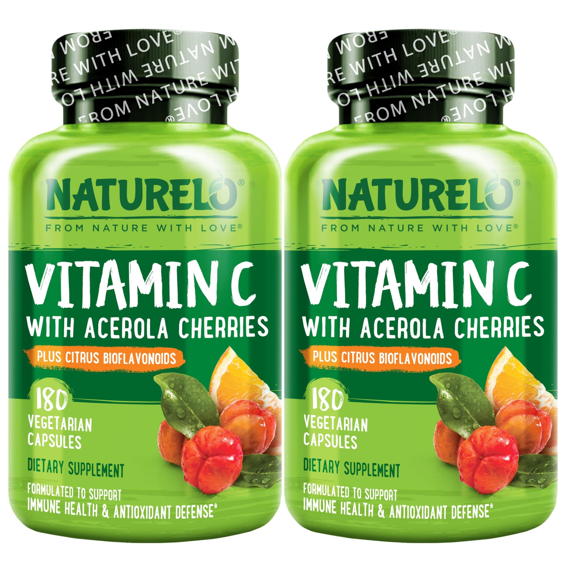 NATURELO Vitamin C with Organic Acerola Cherry Extract and Citrus Bioflavonoids - Vegan Vitamin C Supplement - Immune Support - 500 mg Vitamin C per Capsule, 360 Capsules