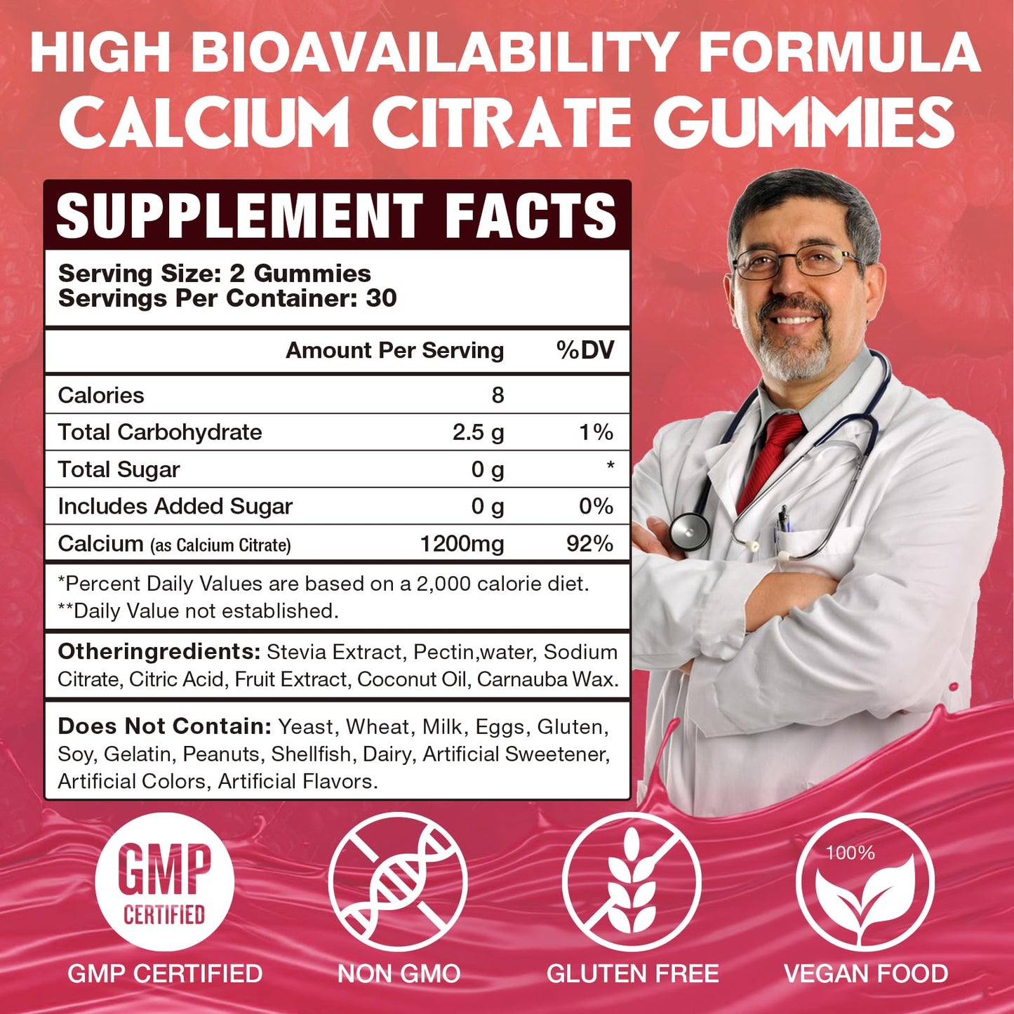 VAJYKEWJY Calcium Citrate Gummies 1200mg for Adults & Kids - Bone & Teeth Support, Easy Absorption, Raspberry Flavor, Non-GMO, Gluten Free, Vegan - 2 Count