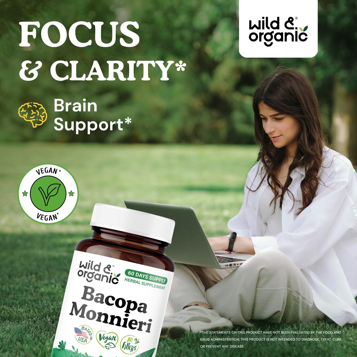 Wild & Organic Bacopa Monnieri 600 mg Capsules, 60 Count