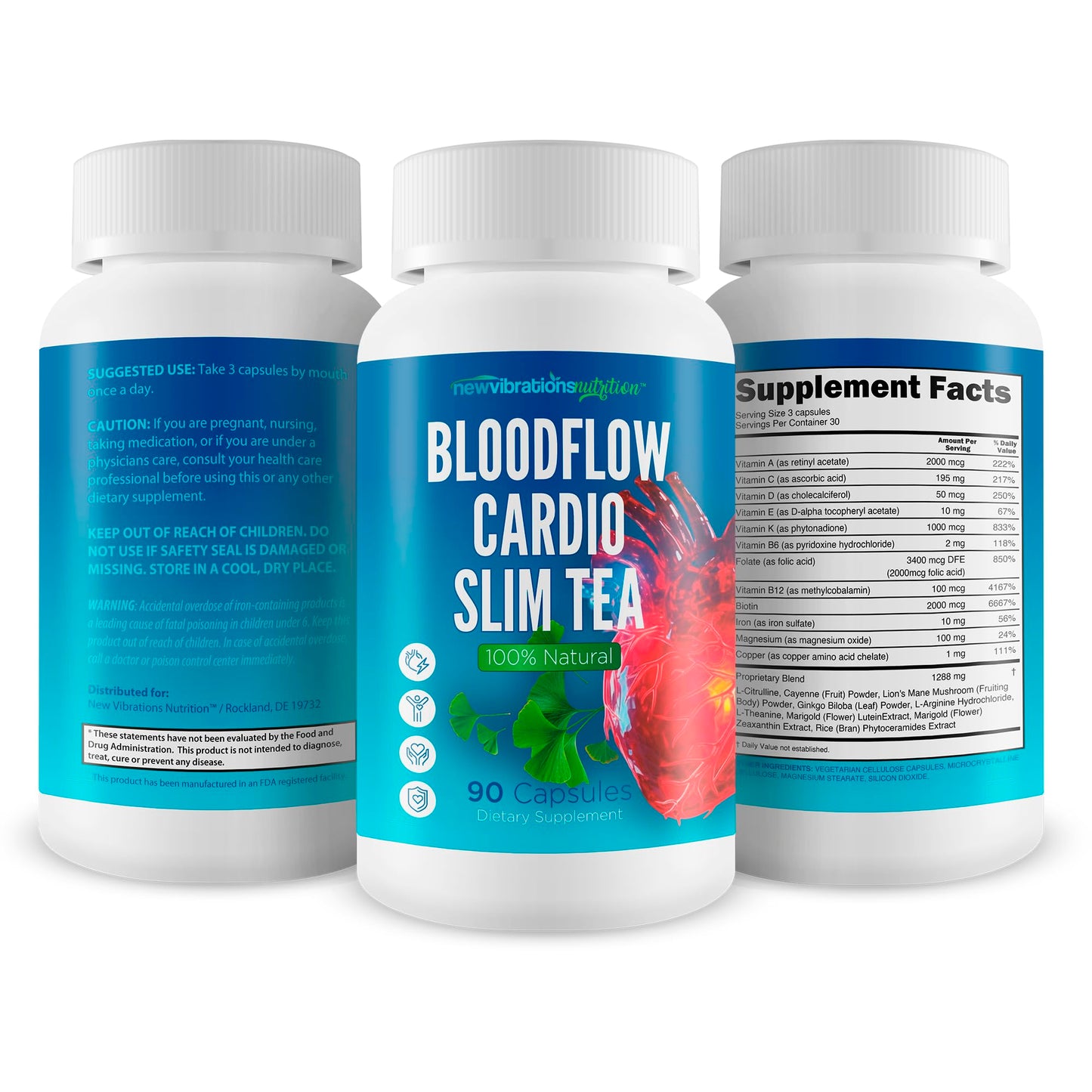 New Vibrations Nutrition Blood Flow Cardio Slim Tea - Advanced Pressure Support Full Body Detox Cleanse for Women - Increase Blood Flow & Circulation to Reduce Pressure & Increase Lymph Detoxification Flow - Gut Detox Capsule, 90 Count