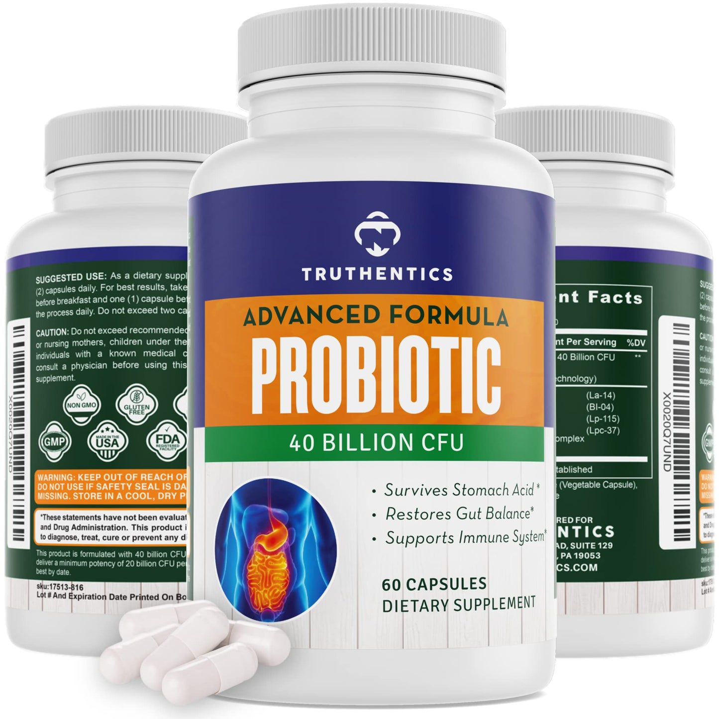 TRUTHENTICS Probiotic 40 Billion CFU with Prebiotics Bifidobacterium Lactobacillus Acidophilus Paracasei Probiotics for Men & Women Capsules, 60