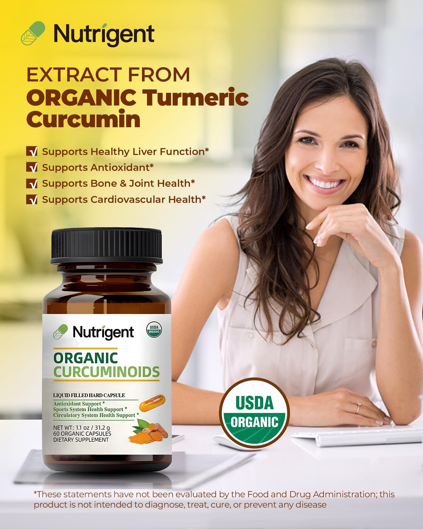 Nutrigent USDA Organic Turmeric Curcumin Supplement, Turmeric Extract with Curcuminoids 300 mg Capsule, 60 Count