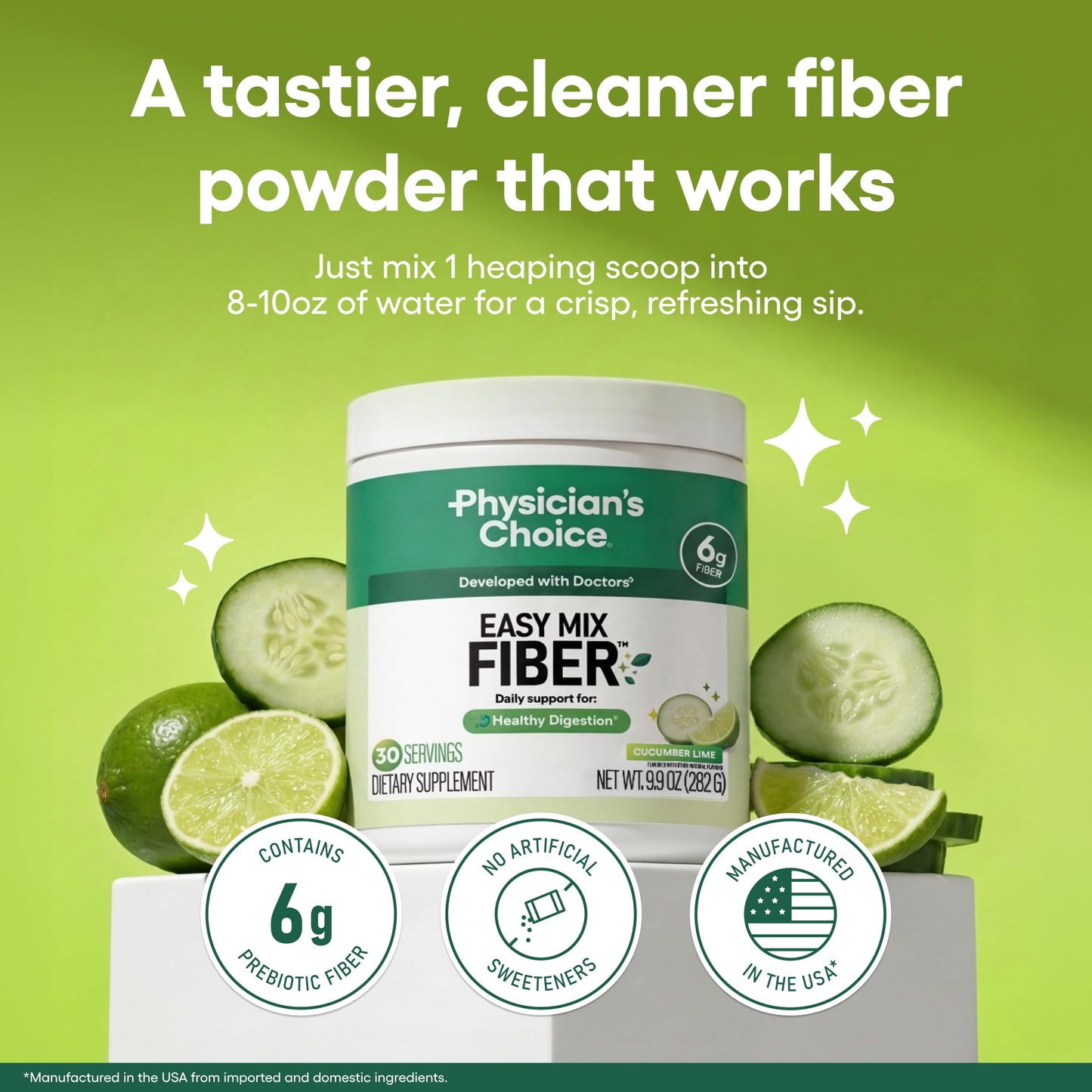 Physician's CHOICE Easy Mix Fiber for GLP-1 Support - No Grit - Daily Prebiotic Soluble Fiber Powder Supplement for Women and Men - Cucumber Lime - 9.9 oz