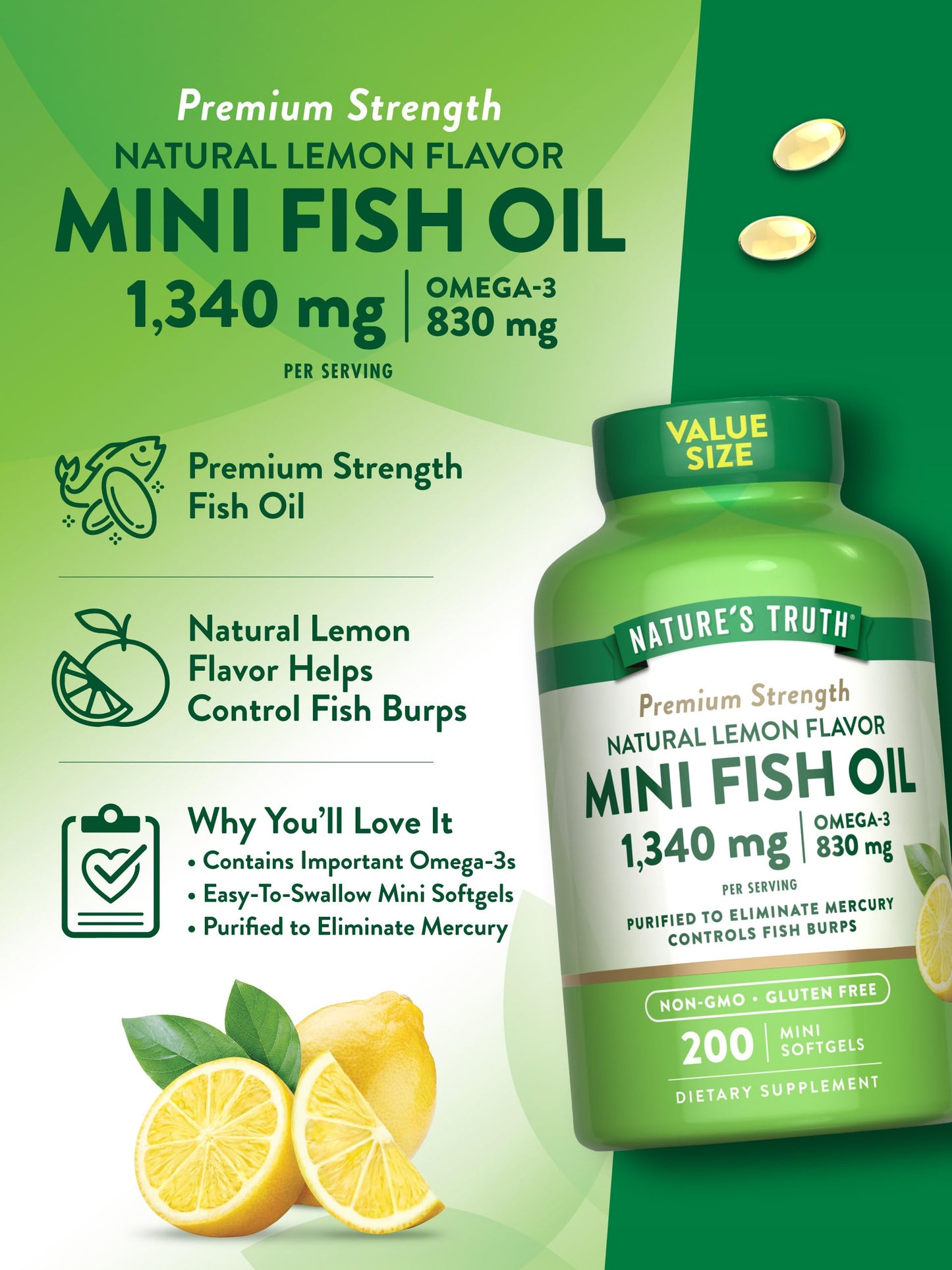 Nature's Truth Fish Oil Omega-3 1340 mg Softgels, 200 Count