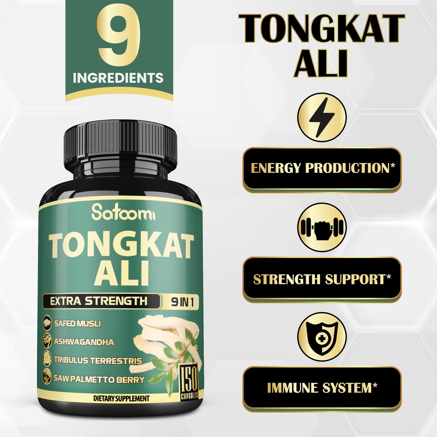 Satoomi 9in1 Tongkat Ali Root Extract 200:1 - Ashwagandha, Tribulus Terrestris, 150 Capsules