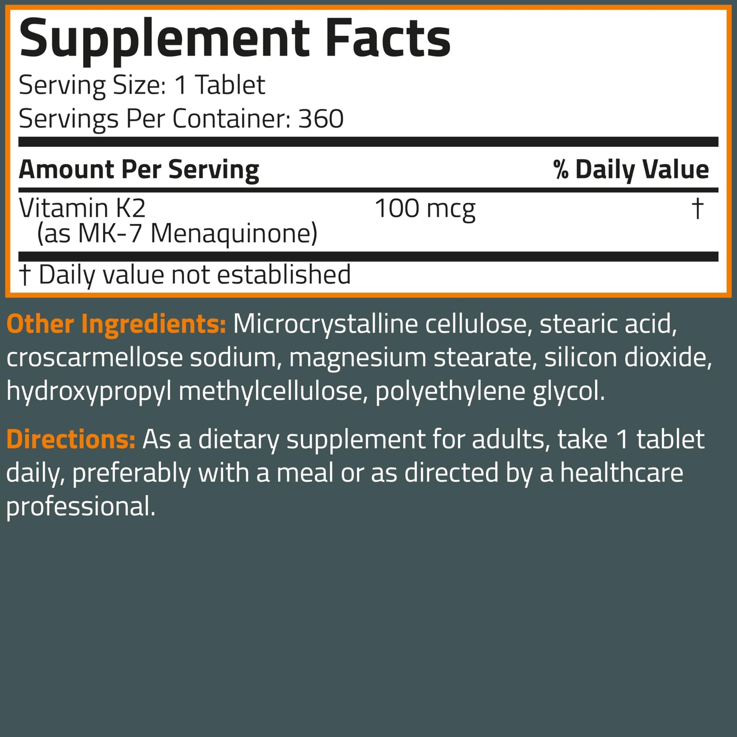 Bronson Vitamin K2 MK-7 100 MCG, K2 as MK7 Menaquinone, Bone Support, 360 Tablets